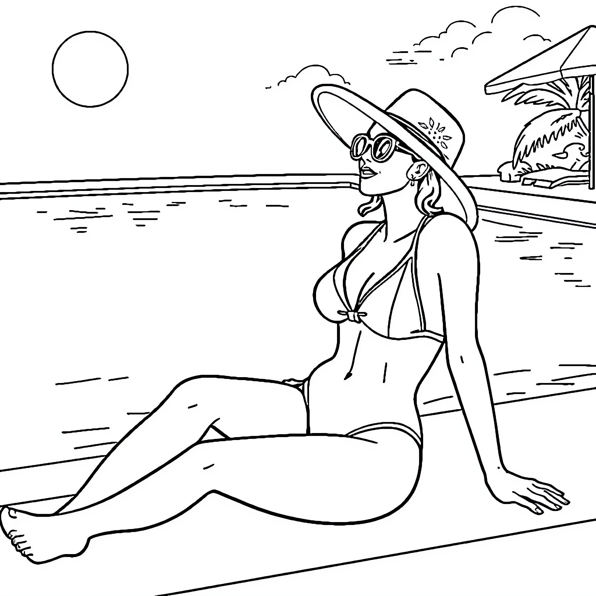 Mom enjoys a sunny day at the beach Coloring Page (free black-and-white line drawing printable PDF for all, from beginners to advanced learners, including children, teens, adults, and seniors)