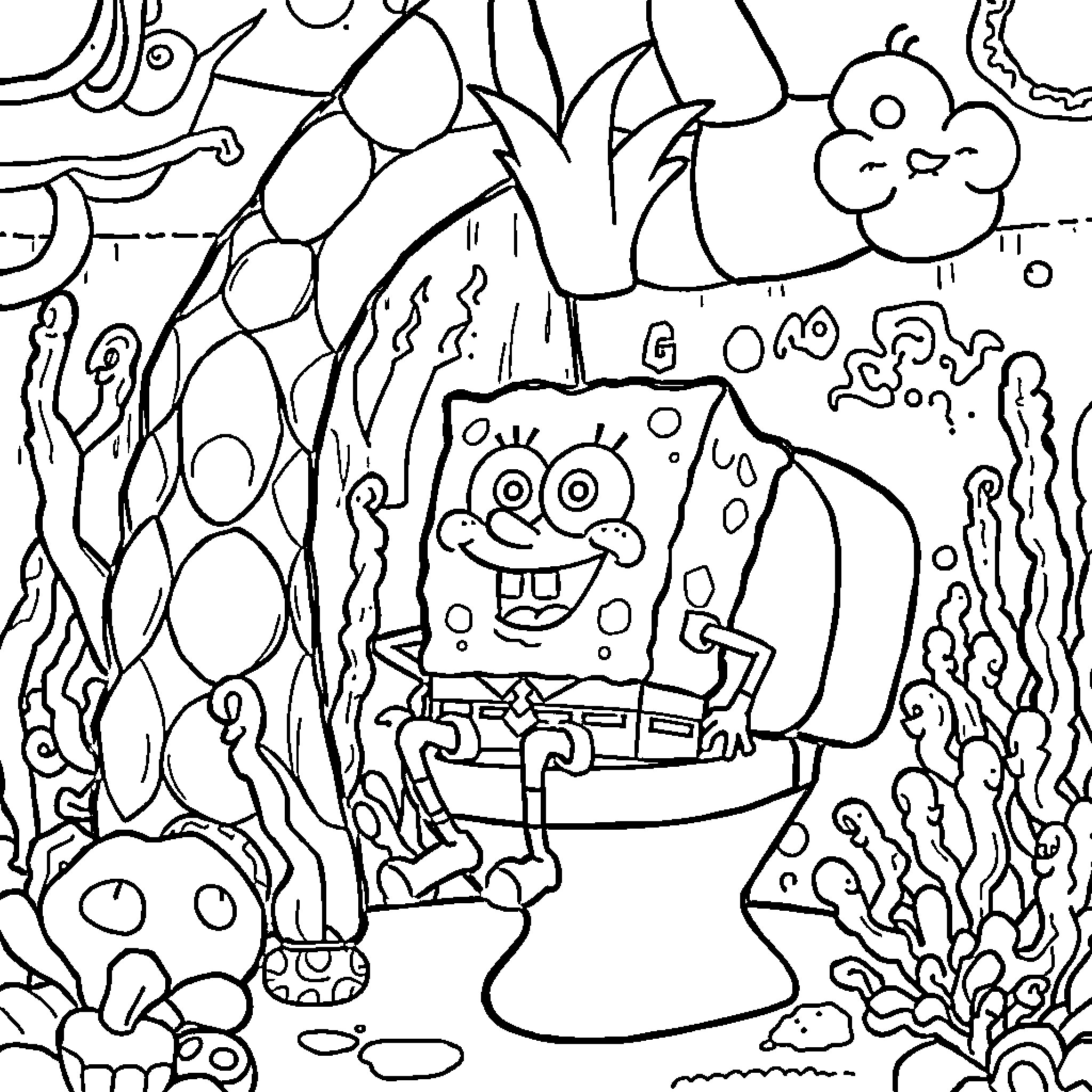 Spongebob in an underwater adventure Coloring Page (free black-and-white line drawing printable PDF for all, from beginners to advanced learners, including children, teens, adults, and seniors)