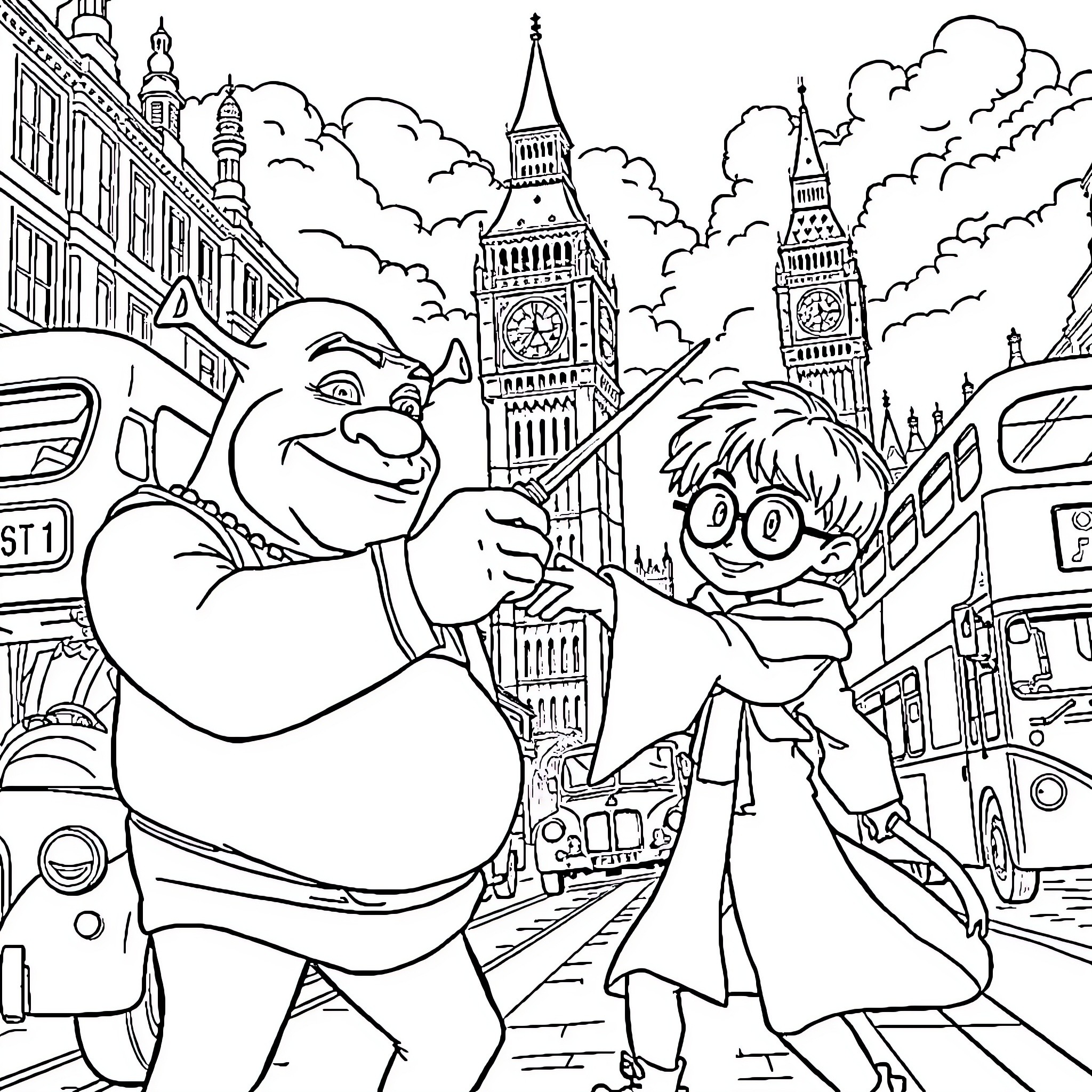 Shrek and Donkey's Comical Adventure in London Coloring Page (free black-and-white line drawing printable PDF for all, from beginners to advanced learners, including children, teens, adults, and seniors)