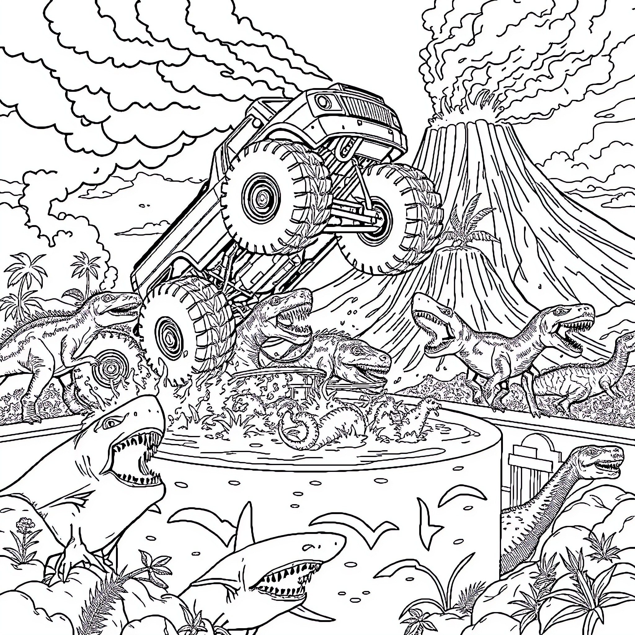 Monster Truck Crushing Dinosaurs in Jurassic Landscape Coloring Page (free black-and-white line drawing printable PDF for all, from beginners to advanced learners, including children, teens, adults, and seniors)