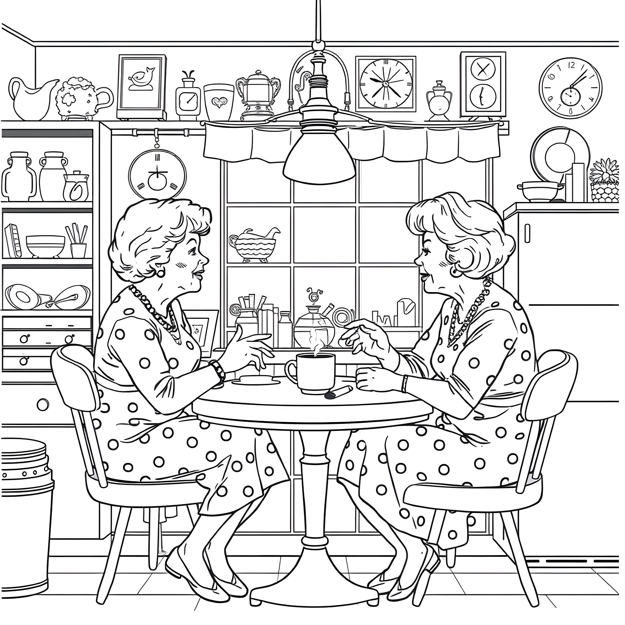 Golden Girls Enjoying Tea Time in Cozy Kitchen Coloring Page (free black-and-white line drawing printable PDF for all, from beginners to advanced learners, including children, teens, adults, and seniors)