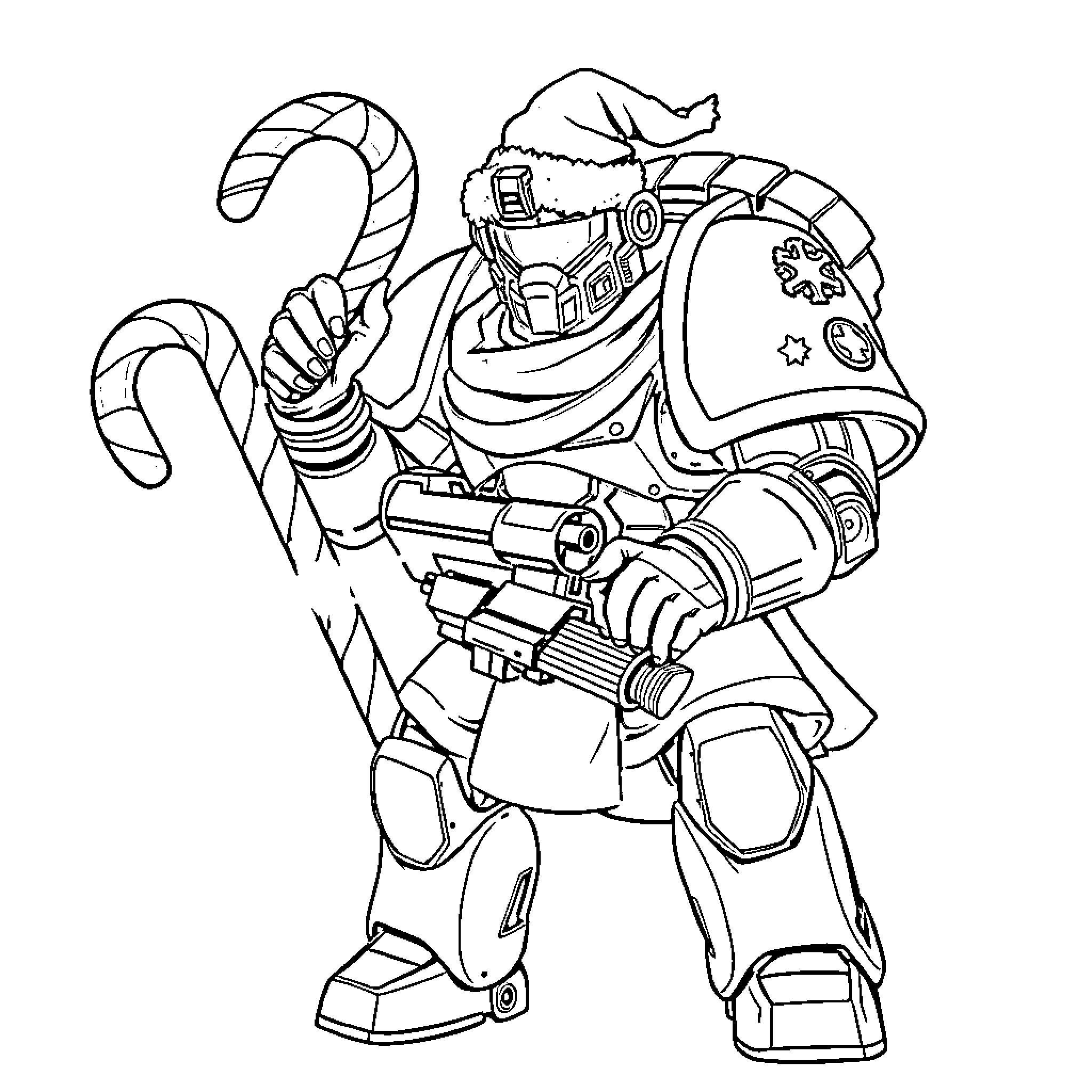 Space Marine with Candy Cane Weapon and Festive Attire Coloring Page (free black-and-white line drawing printable PDF for all, from beginners to advanced learners, including children, teens, adults, and seniors)