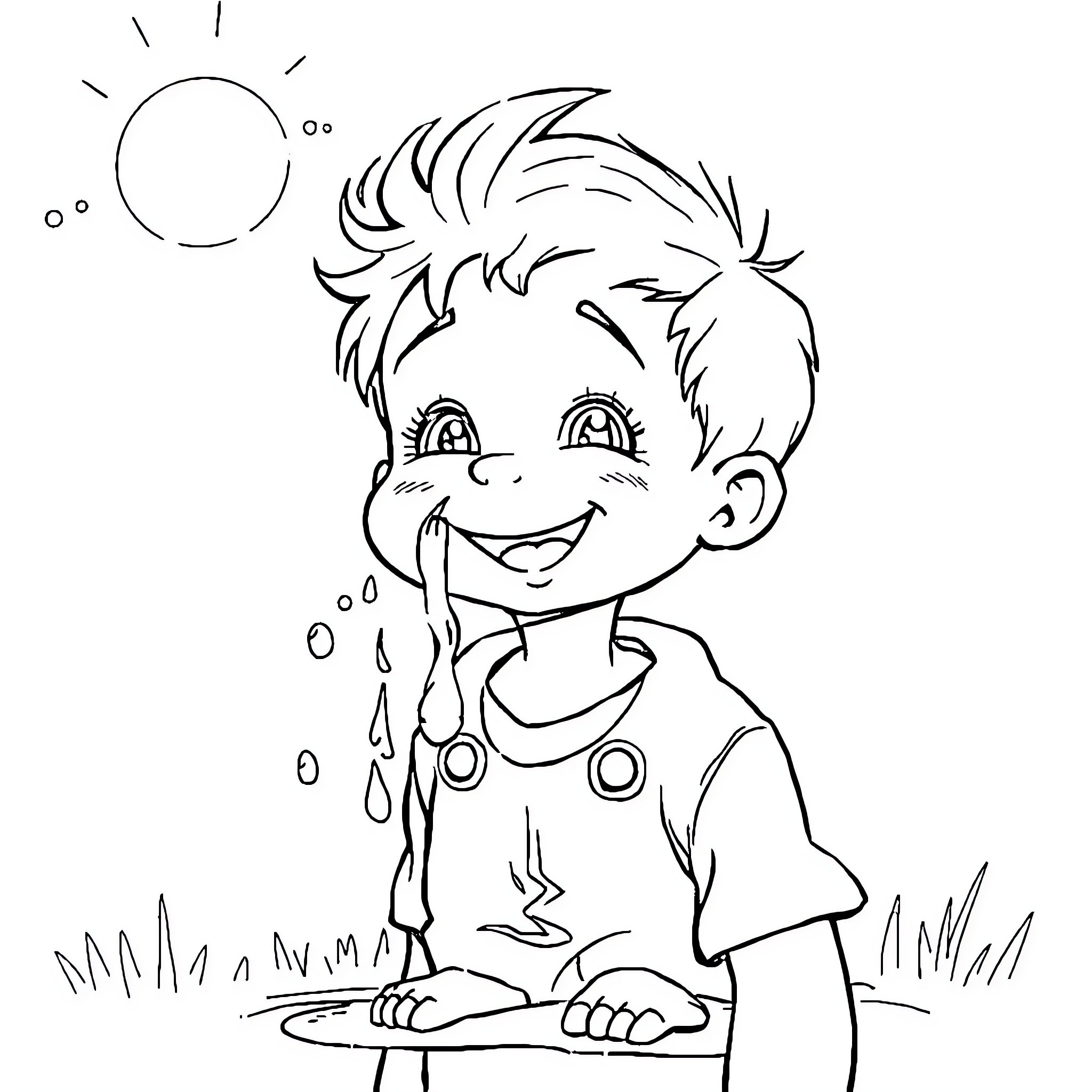 Petit Garçon Enjoying the Outdoors Coloring Page (free black-and-white line drawing printable PDF for all, from beginners to advanced learners, including children, teens, adults, and seniors)
