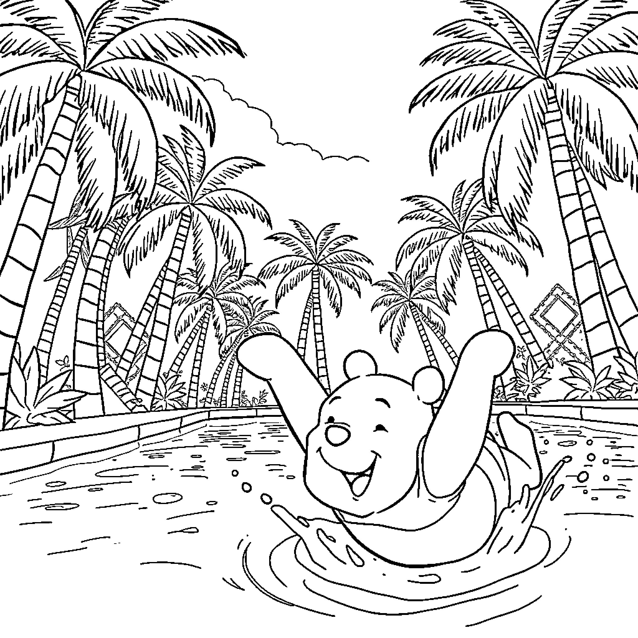 Winnie The Pooh enjoying a relaxing swim on a tropical beach Coloring Page (free black-and-white line drawing printable PDF for all, from beginners to advanced learners, including children, teens, adults, and seniors)