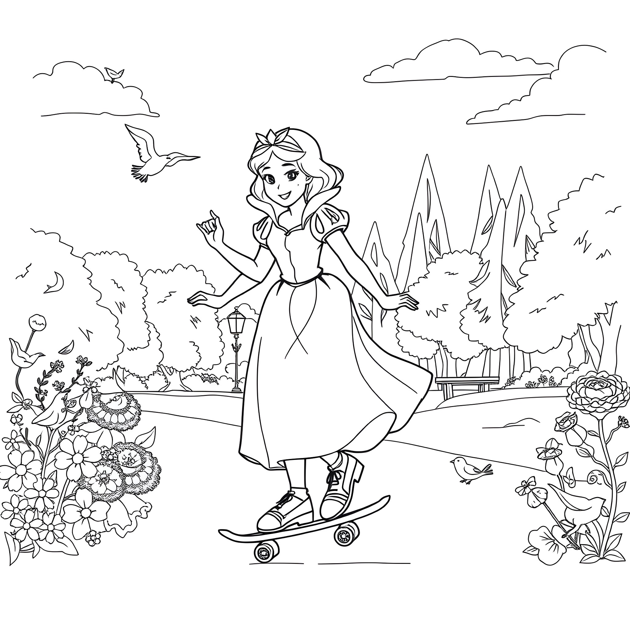 Snow White enjoying a joyful outdoor adventure Coloring Page (free black-and-white line drawing printable PDF for all, from beginners to advanced learners, including children, teens, adults, and seniors)