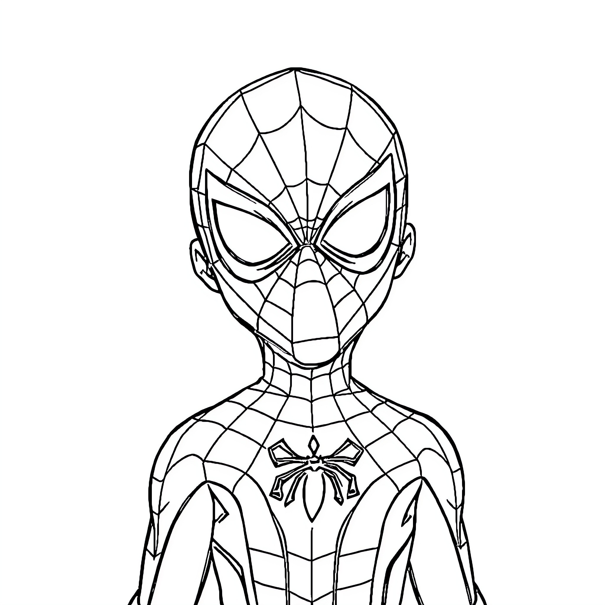 Spiderman Superhero in Heroic Pose Coloring Page (free black-and-white line drawing printable PDF for all, from beginners to advanced learners, including children, teens, adults, and seniors)