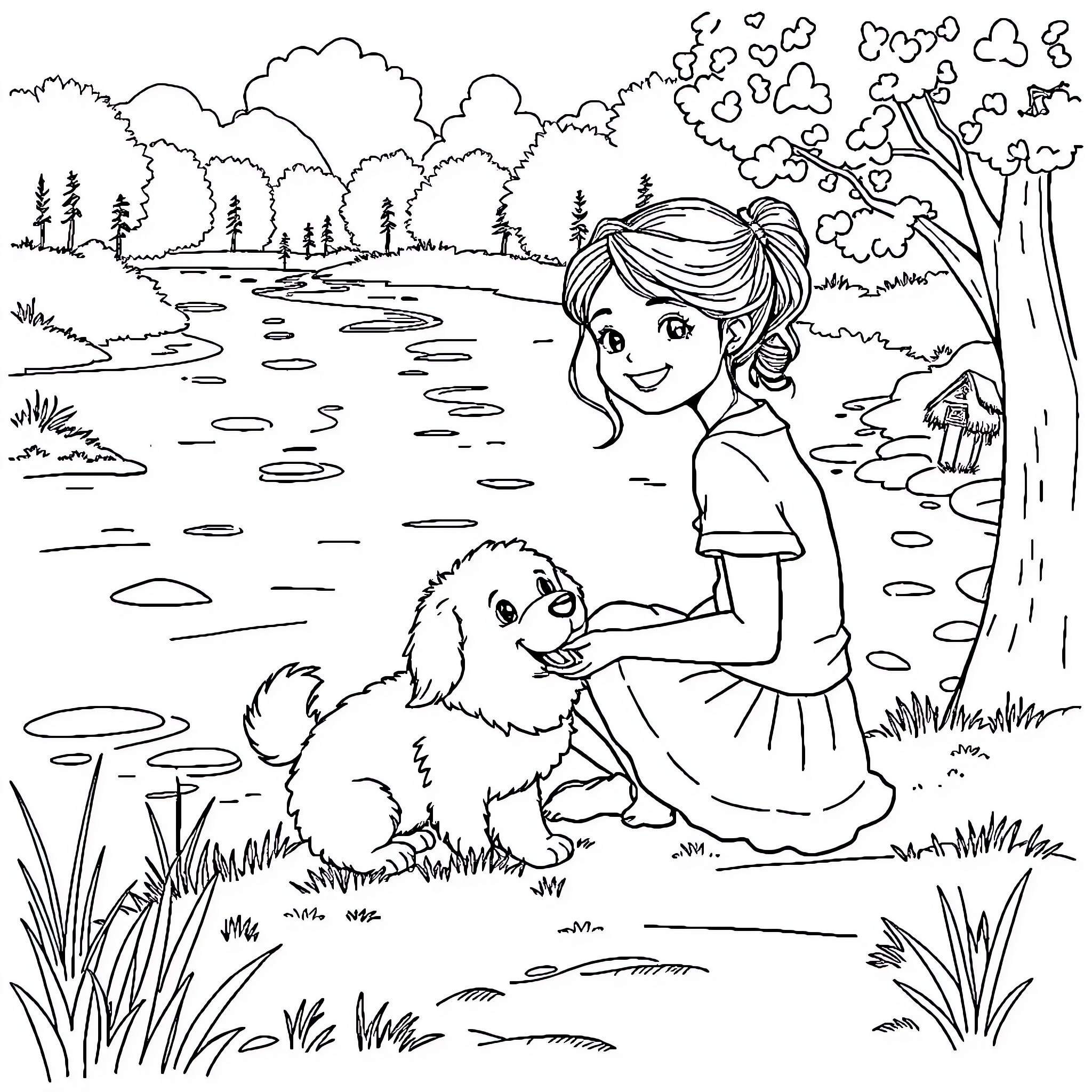 Girl and her furry companion by the lake Coloring Page (free black-and-white line drawing printable PDF for all, from beginners to advanced learners, including children, teens, adults, and seniors)