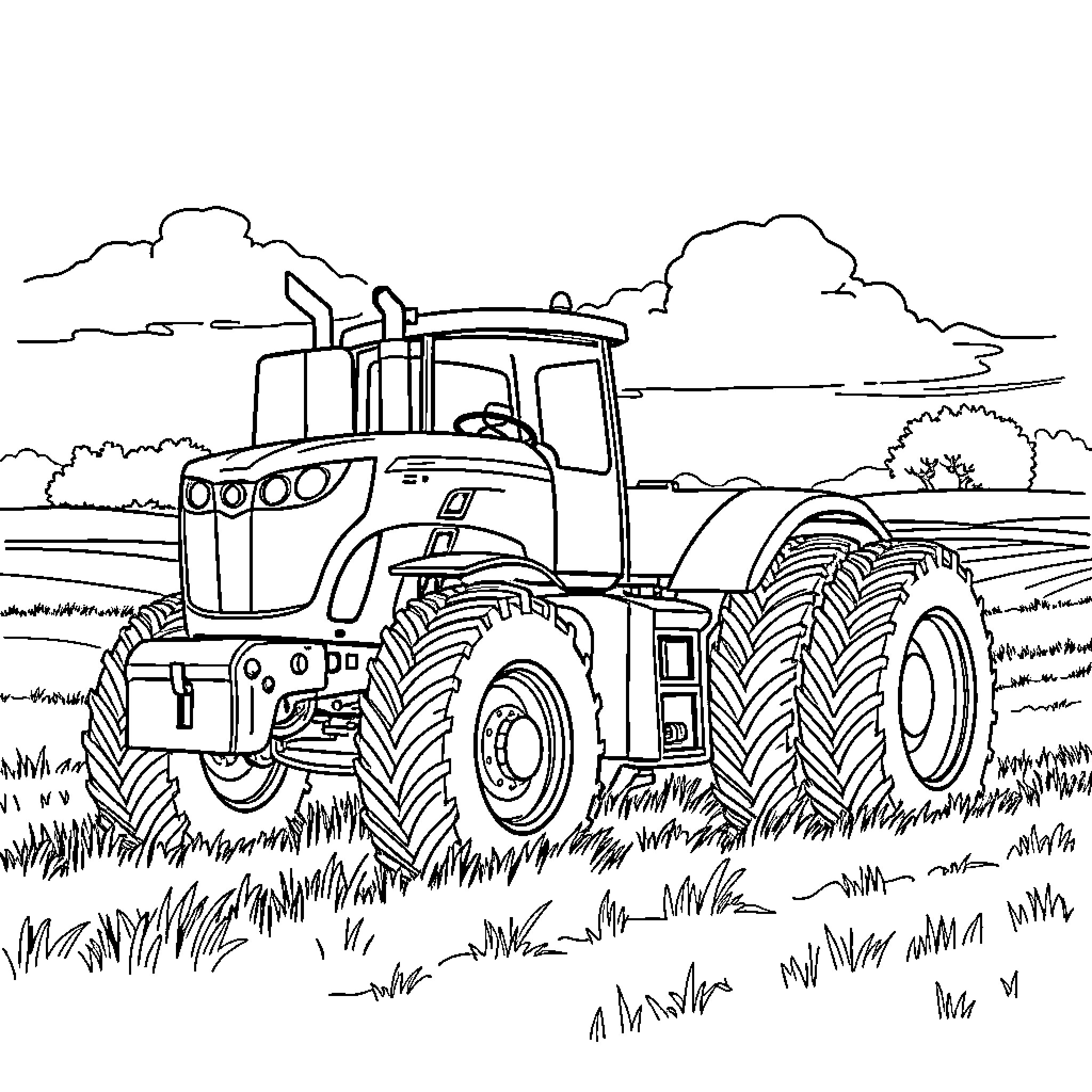 Tractor plowing through the countryside Coloring Page (free black-and-white line drawing printable PDF for all, from beginners to advanced learners, including children, teens, adults, and seniors)