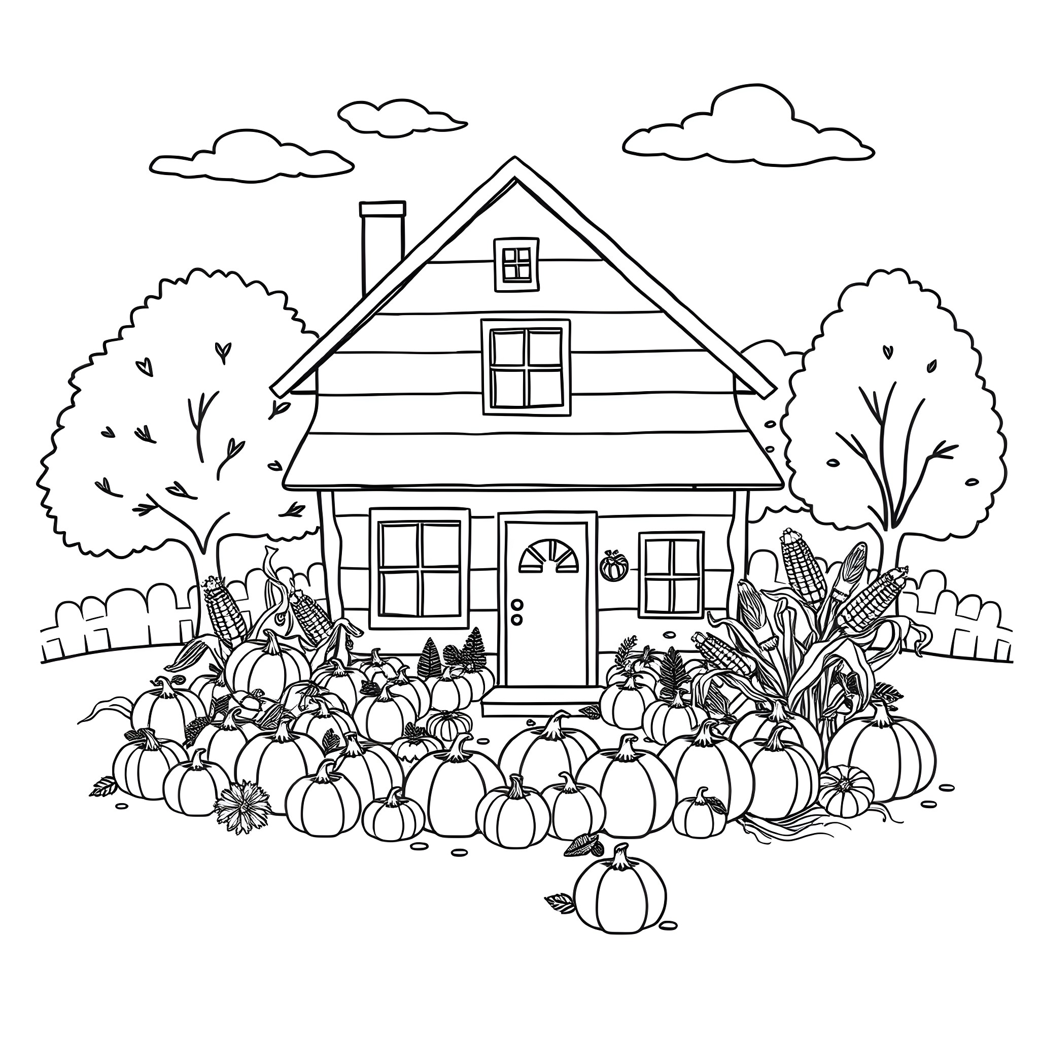 House surrounded by pumpkins in scenic landscape Coloring Page (free black-and-white line drawing printable PDF for all, from beginners to advanced learners, including children, teens, adults, and seniors)