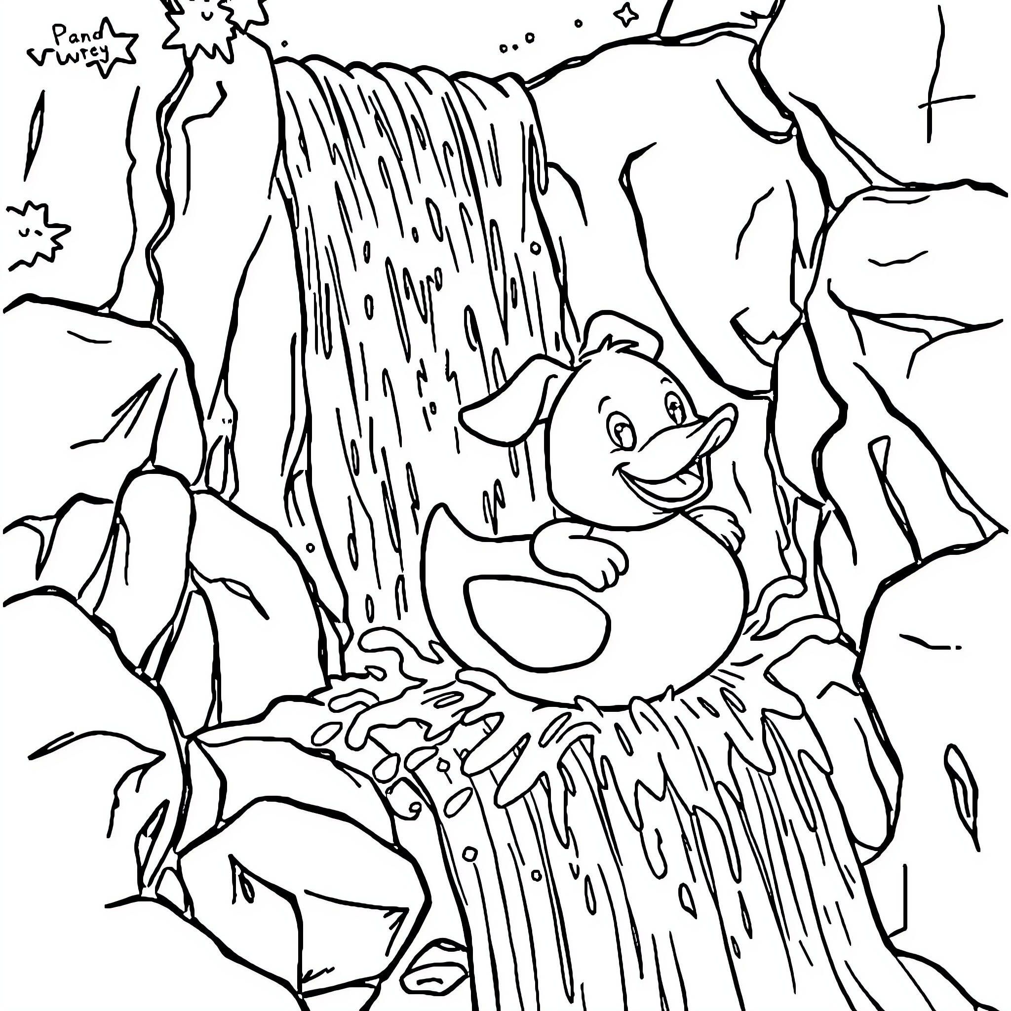 Dog enjoying a waterfall in nature Coloring Page (free black-and-white line drawing printable PDF for all, from beginners to advanced learners, including children, teens, adults, and seniors)