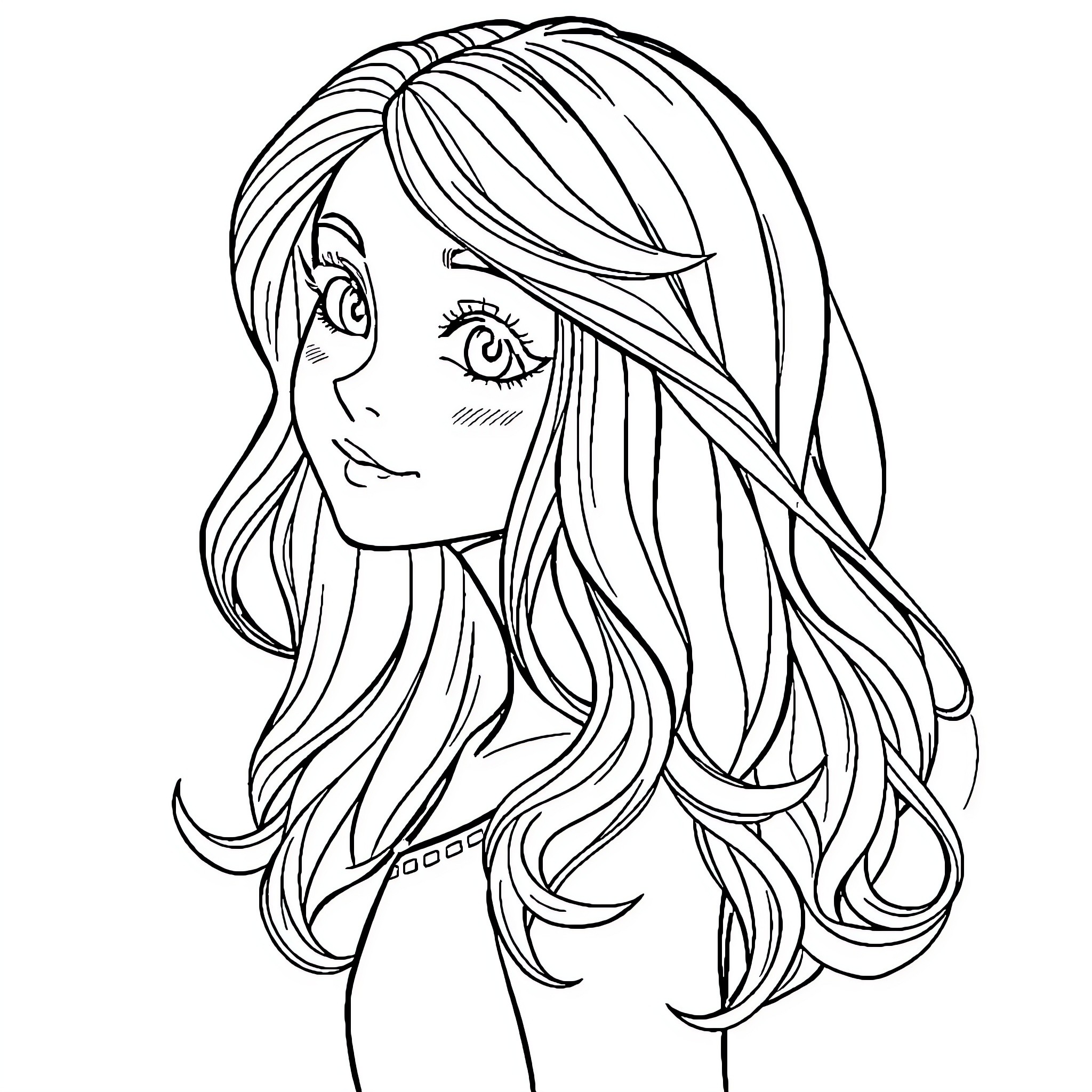 Girl with Flowing Hairstyle and Dreamy Expression Coloring Page (free black-and-white line drawing printable PDF for all, from beginners to advanced learners, including children, teens, adults, and seniors)