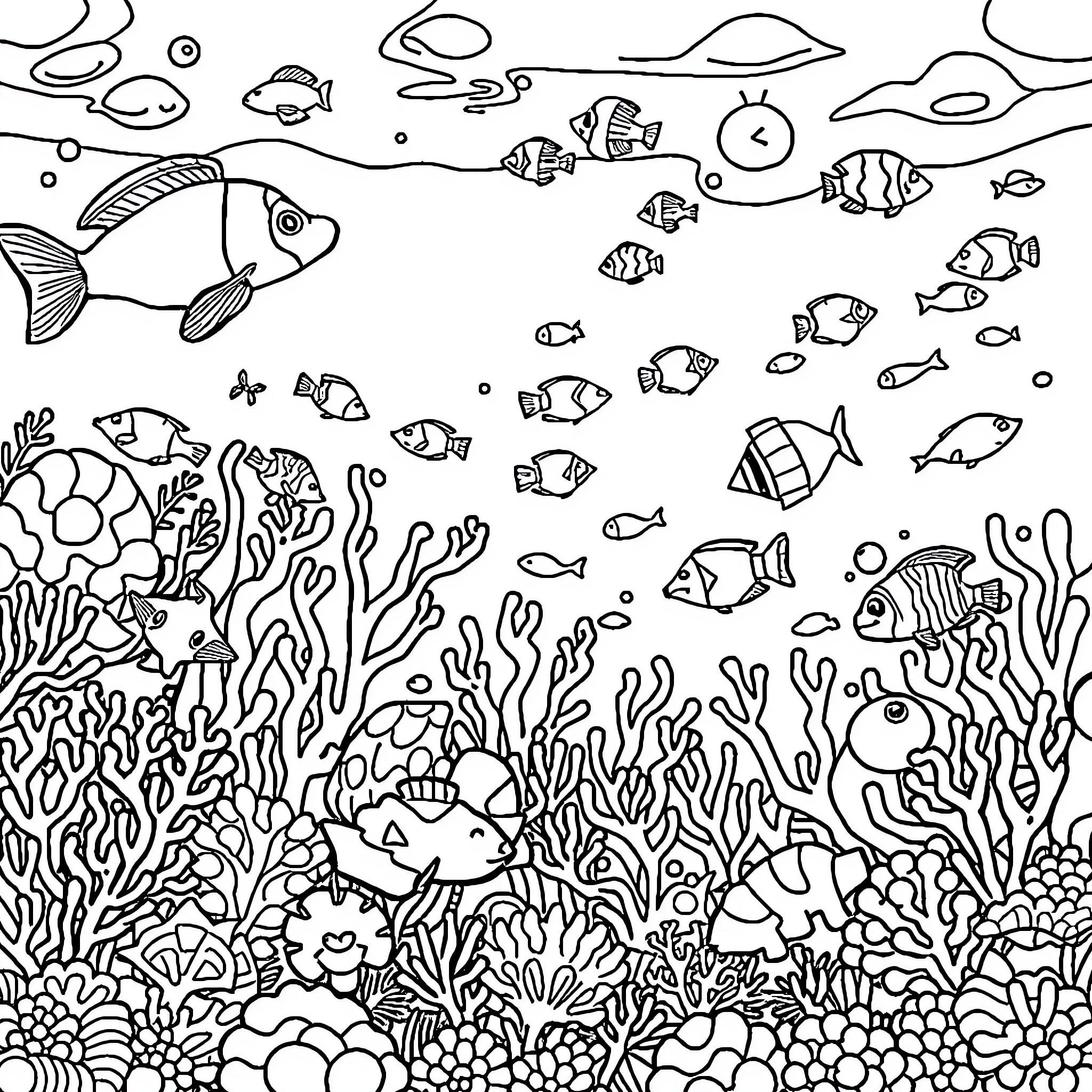 Great Barrier Reef teeming with diverse marine life Coloring Page (free black-and-white line drawing printable PDF for all, from beginners to advanced learners, including children, teens, adults, and seniors)