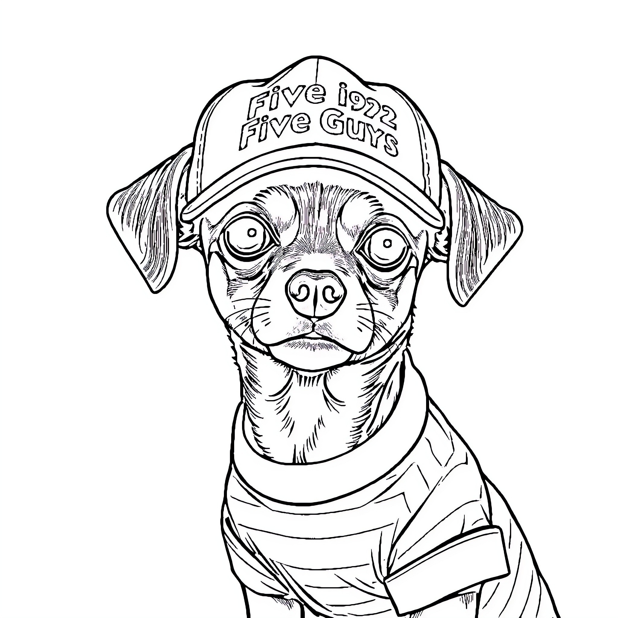 Dog wearing 'Five Guys' baseball cap and casual outfit Coloring Page (free black-and-white line drawing printable PDF for all, from beginners to advanced learners, including children, teens, adults, and seniors)