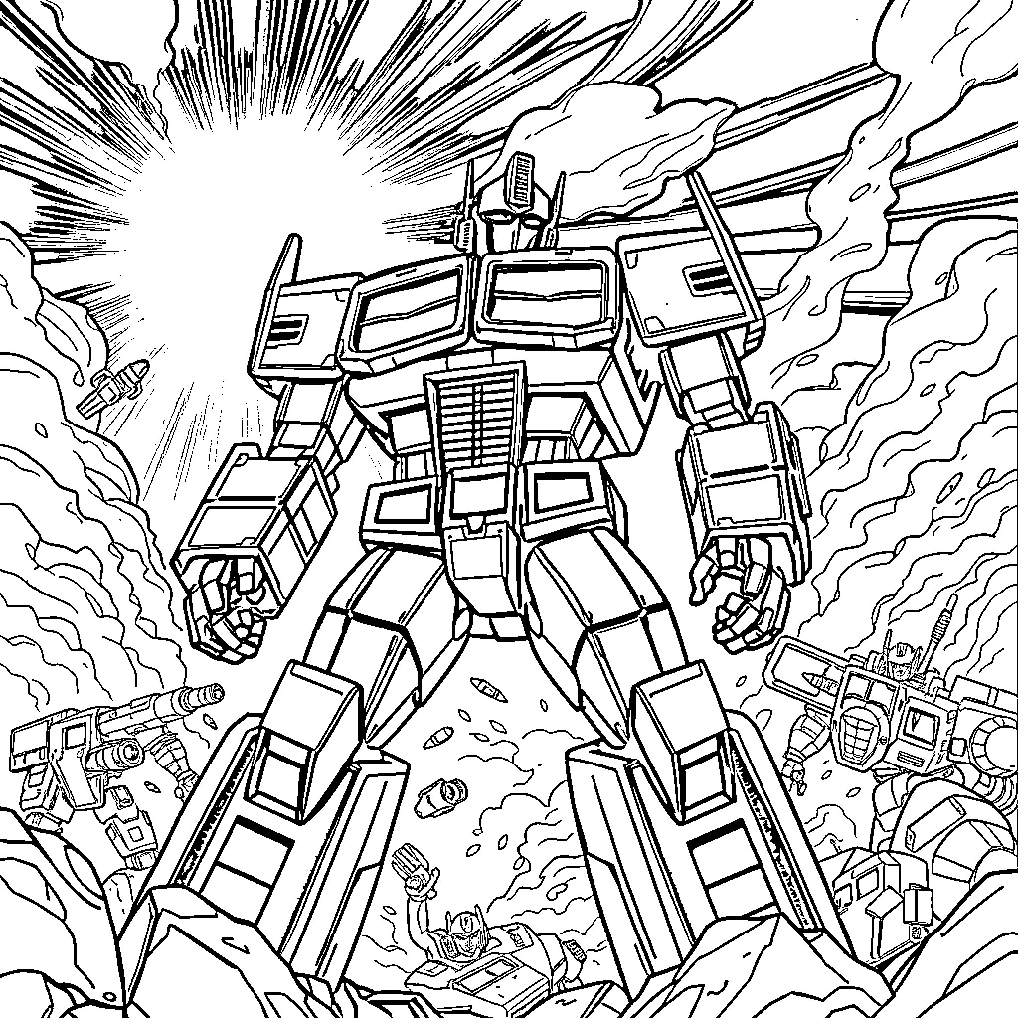 Optimus Prime battles against the Decepticons in an epic showdown Coloring Page (free black-and-white line drawing printable PDF for all, from beginners to advanced learners, including children, teens, adults, and seniors)