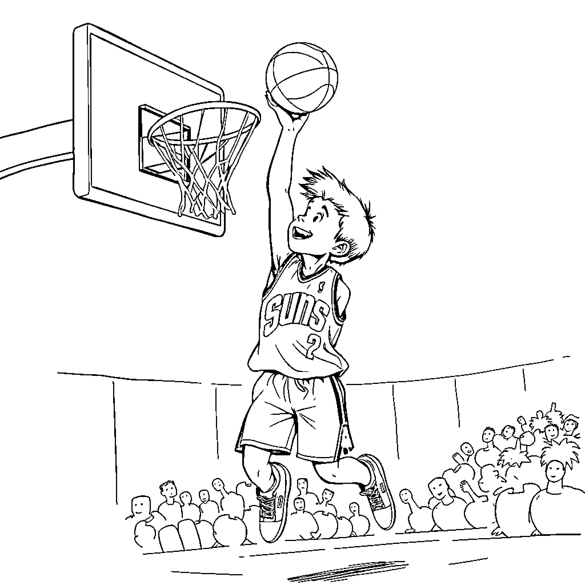 Son Plays Basketball with Crowd Cheering Coloring Page (free black-and-white line drawing printable PDF for all, from beginners to advanced learners, including children, teens, adults, and seniors)