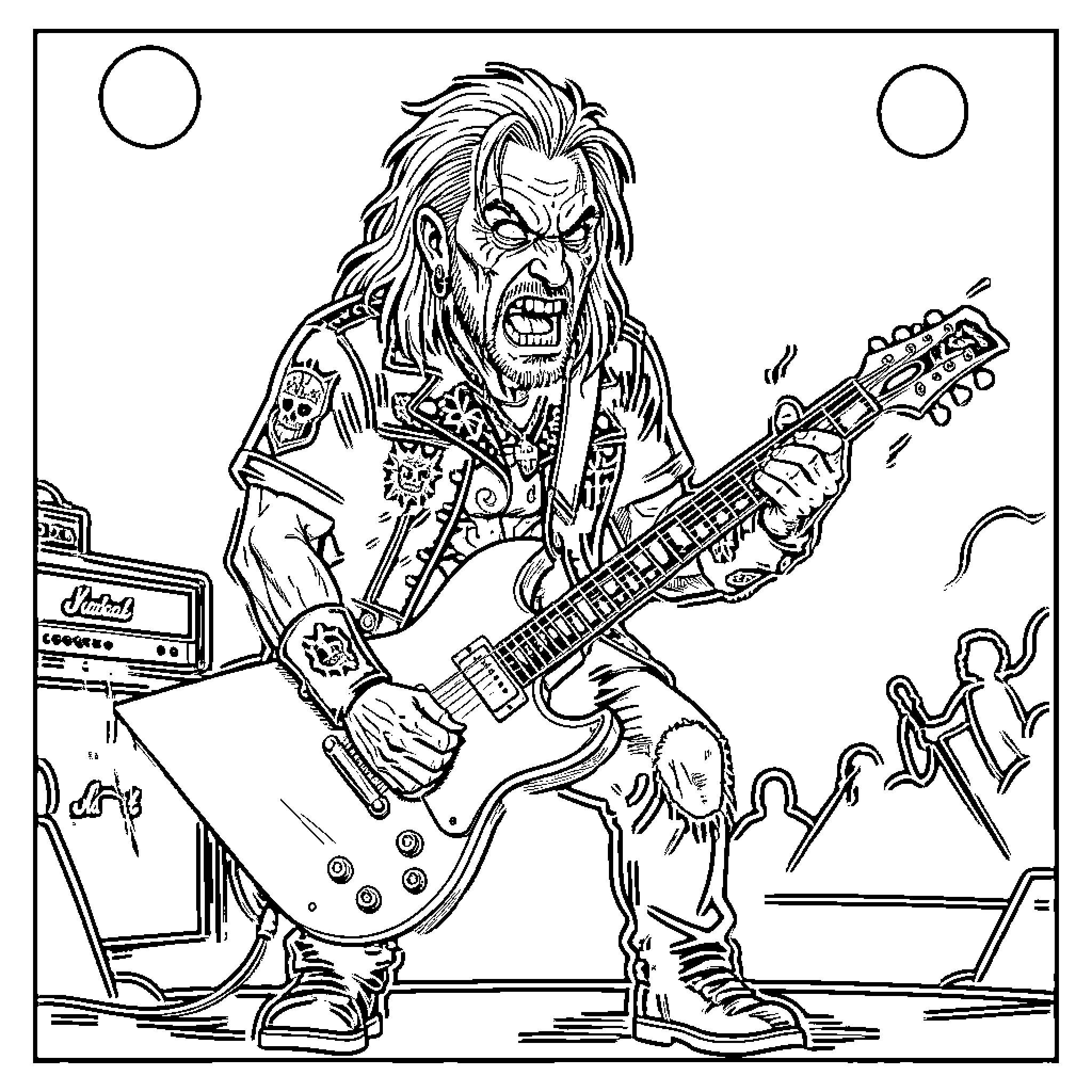 Euronymous shredding guitar on stage with fans Coloring Page (free black-and-white line drawing printable PDF for all, from beginners to advanced learners, including children, teens, adults, and seniors)