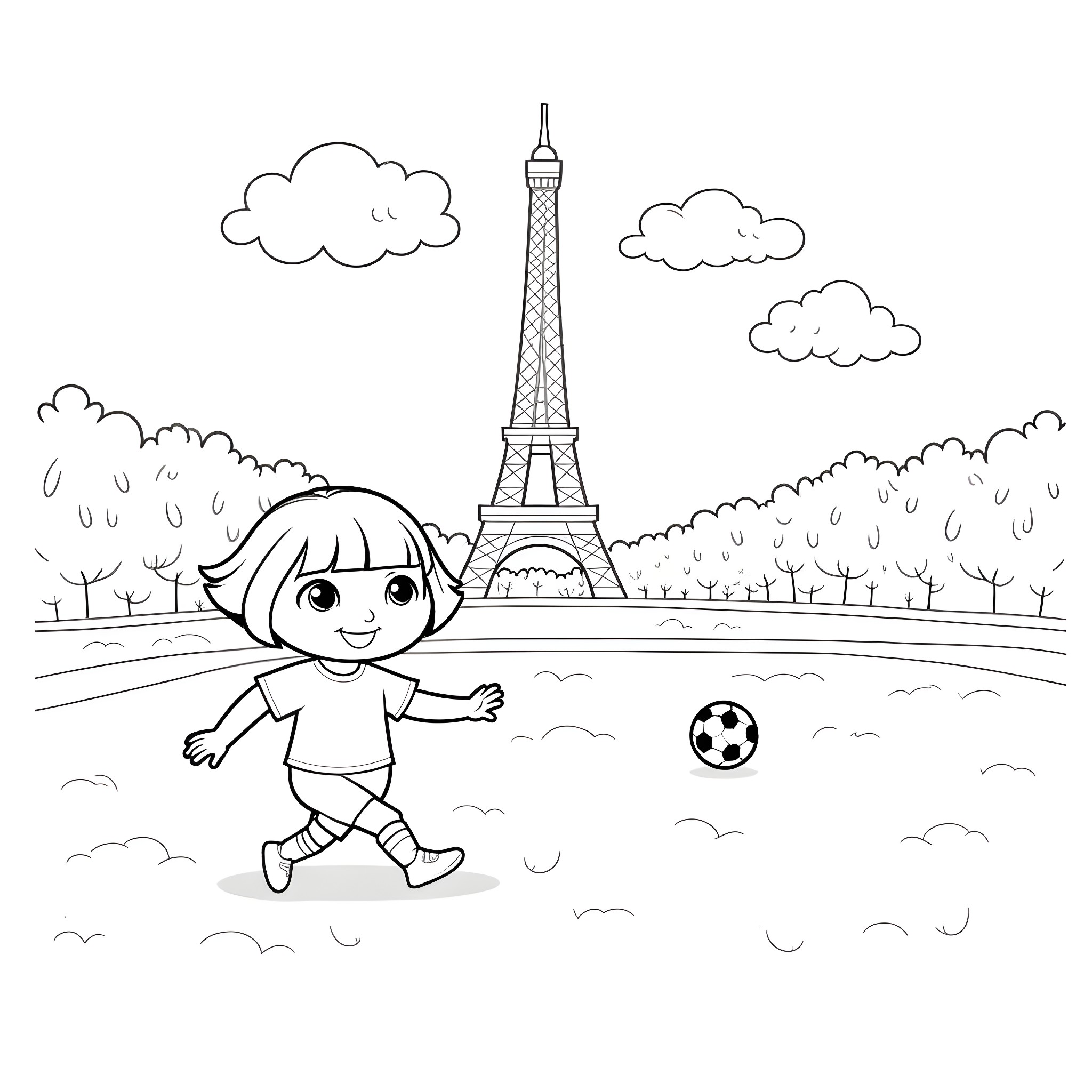 Dora playing soccer by the Eiffel Tower Coloring Page (free black-and-white line drawing printable PDF for all, from beginners to advanced learners, including children, teens, adults, and seniors)