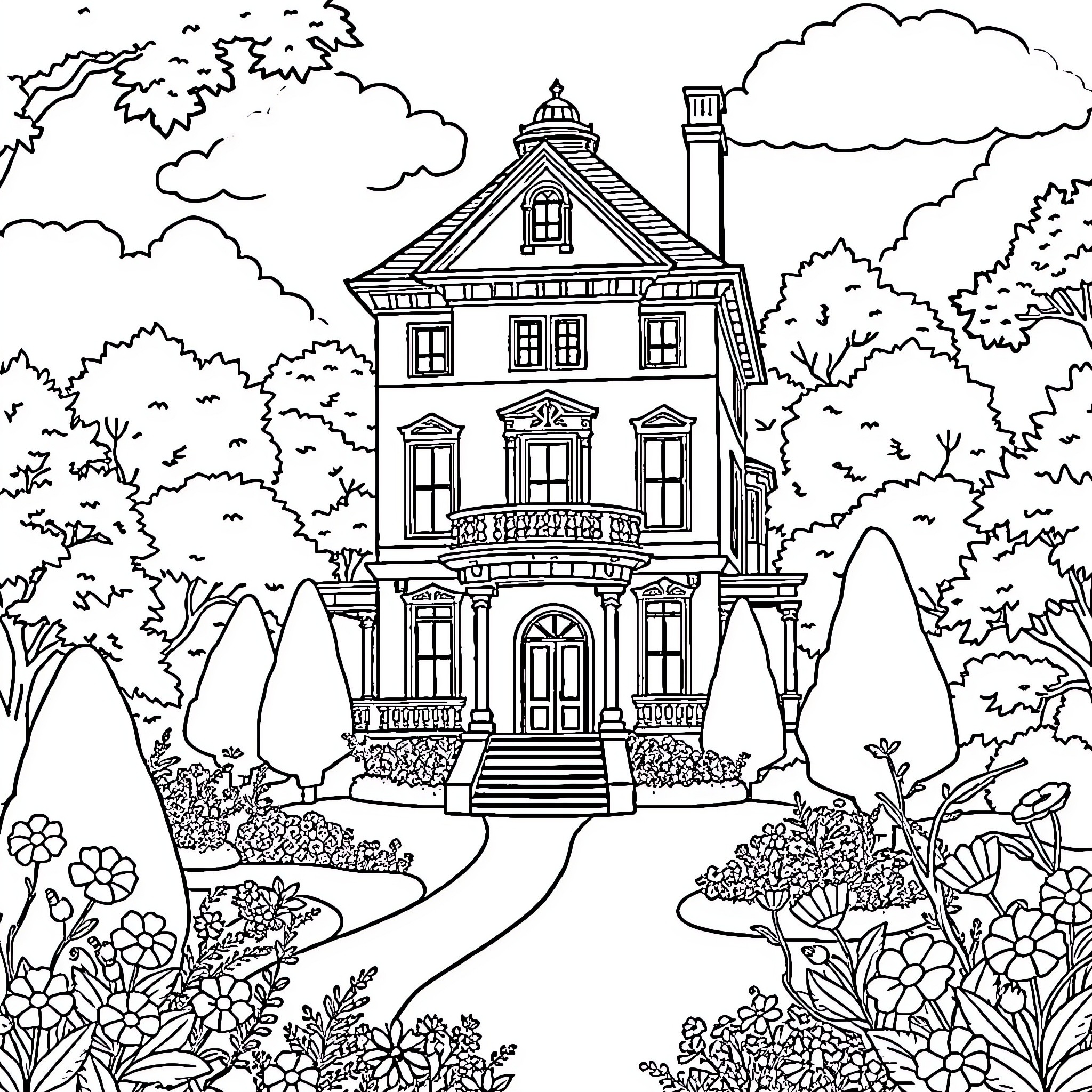 Mansion surrounded by lush garden landscape Coloring Page (free black-and-white line drawing printable PDF for all, from beginners to advanced learners, including children, teens, adults, and seniors)