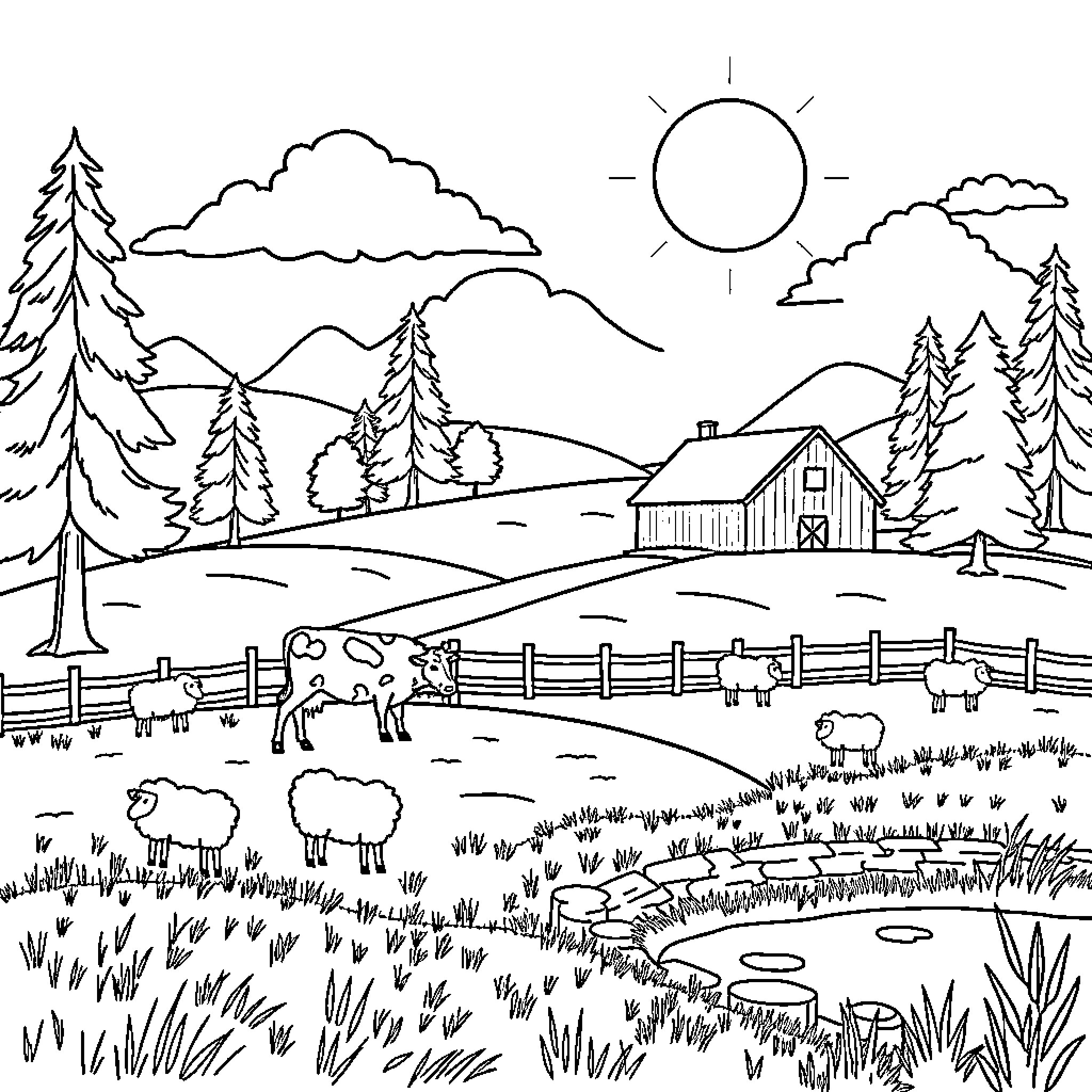 Farm scene with animals and rustic landscape Coloring Page (free black-and-white line drawing printable PDF for all, from beginners to advanced learners, including children, teens, adults, and seniors)