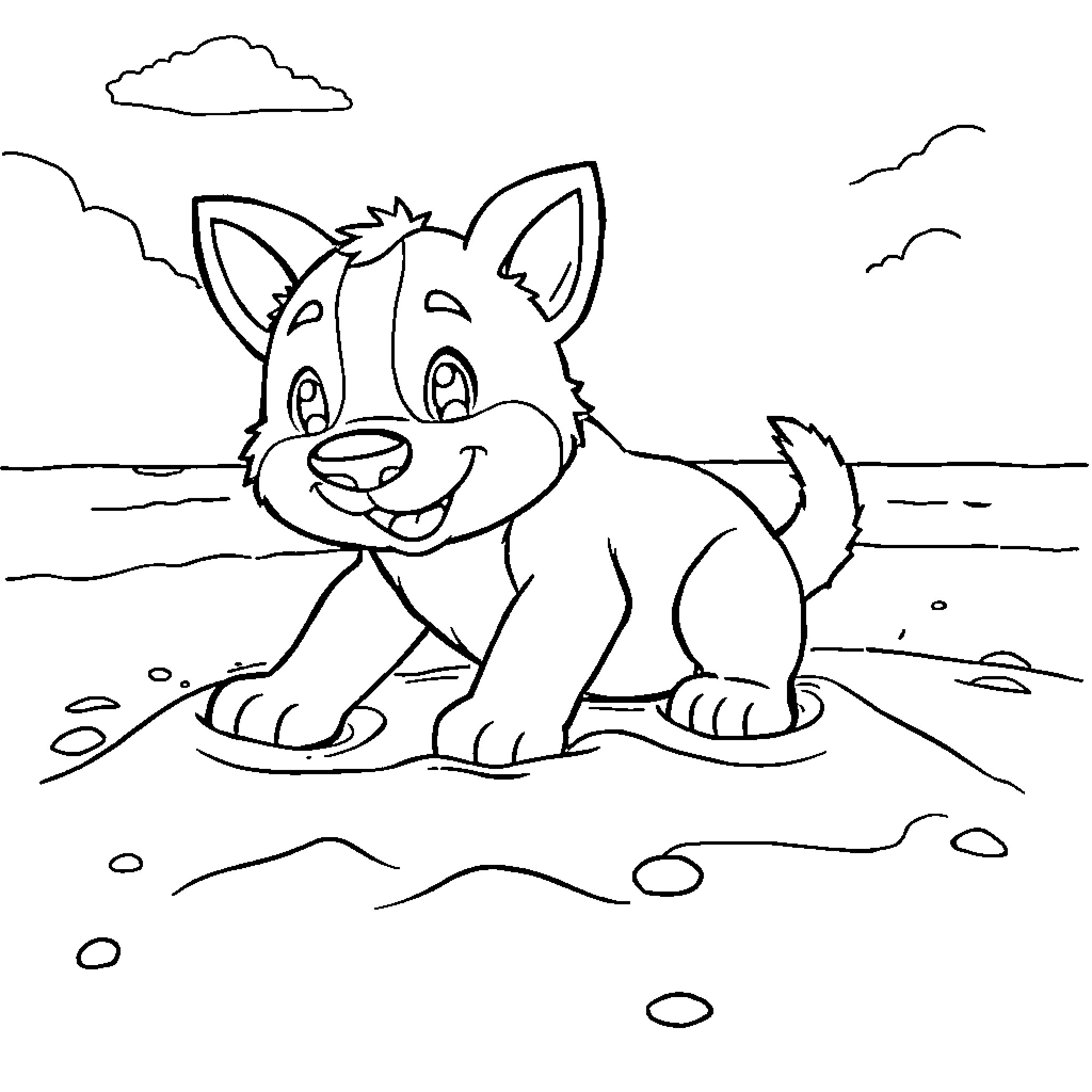 Bluey playing happily in the park Coloring Page (free black-and-white line drawing printable PDF for all, from beginners to advanced learners, including children, teens, adults, and seniors)