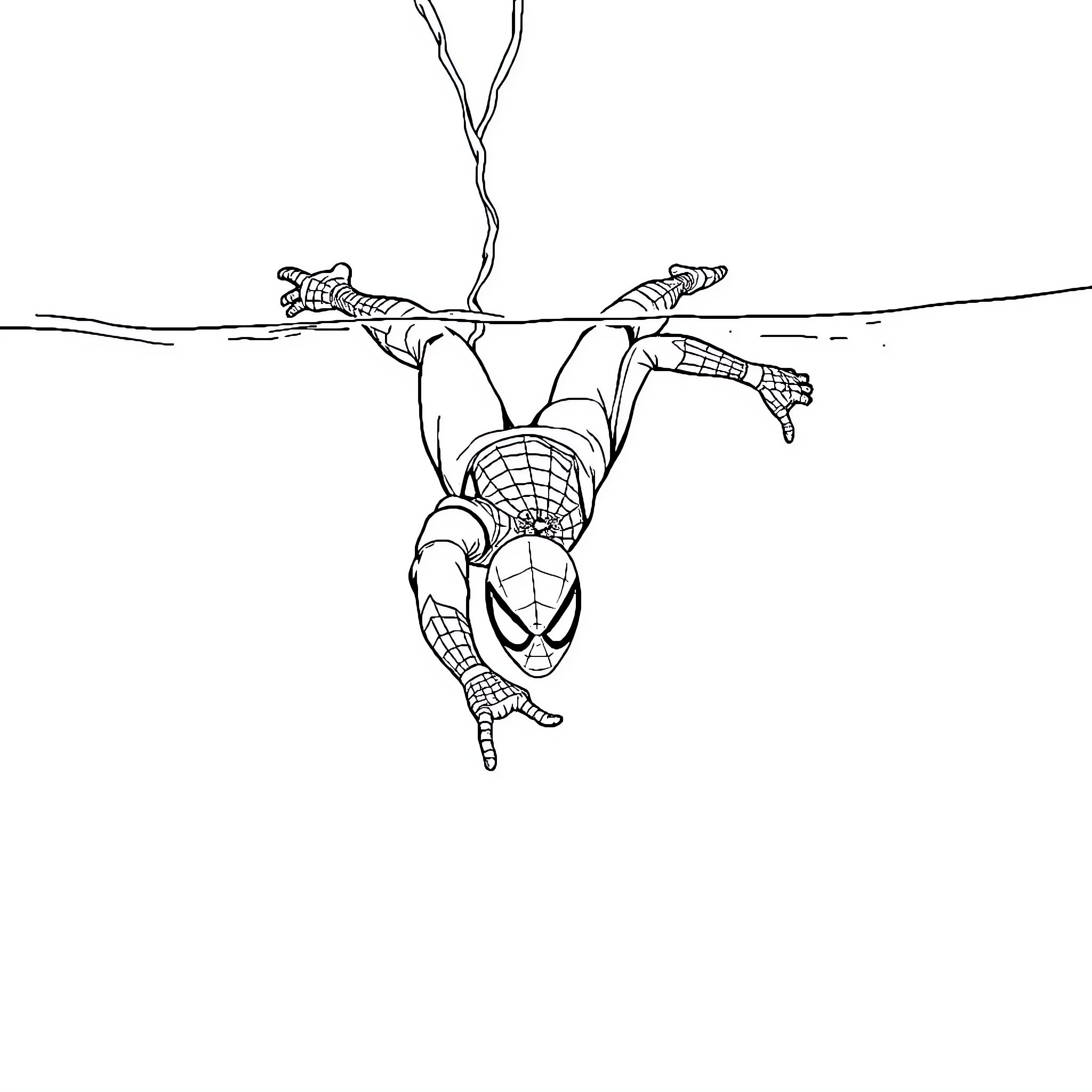 Spiderman swinging through the city Coloring Page (free black-and-white line drawing printable PDF for all, from beginners to advanced learners, including children, teens, adults, and seniors)