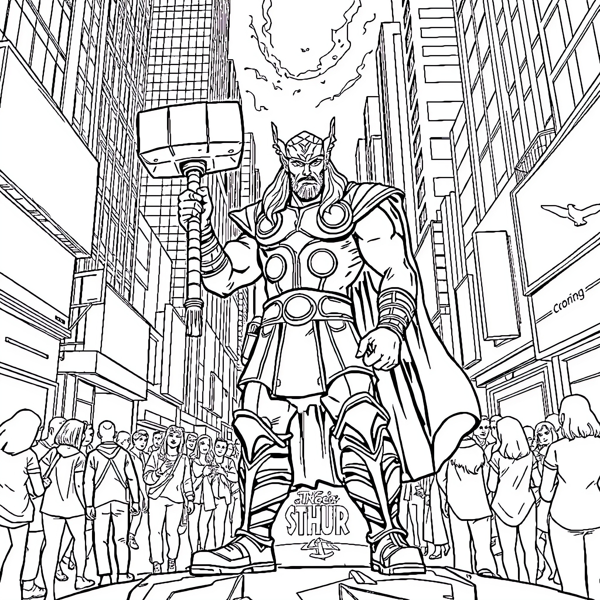 Thor stands heroically in the bustling city Coloring Page (free black-and-white line drawing printable PDF for all, from beginners to advanced learners, including children, teens, adults, and seniors)