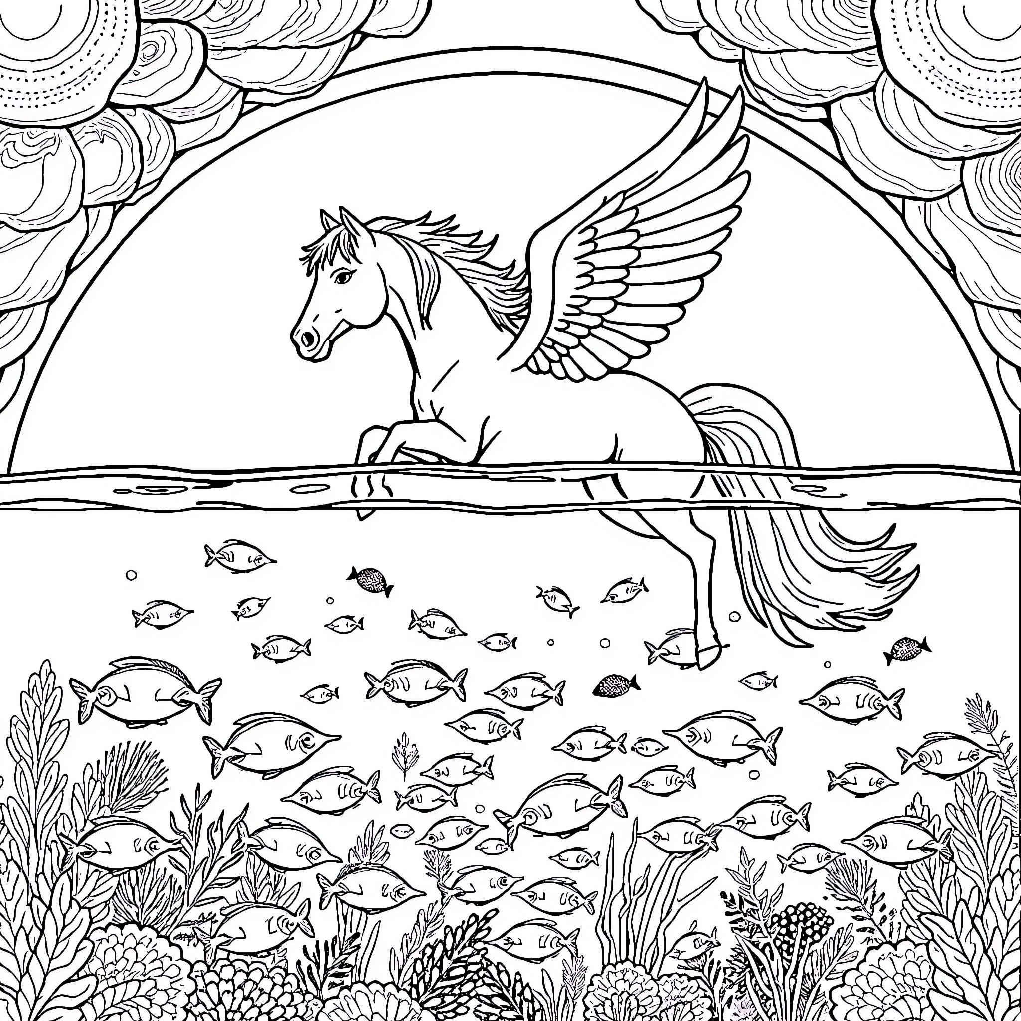 Flying Horse Soaring Over an Underwater Aquatic World Coloring Page (free black-and-white line drawing printable PDF for all, from beginners to advanced learners, including children, teens, adults, and seniors)