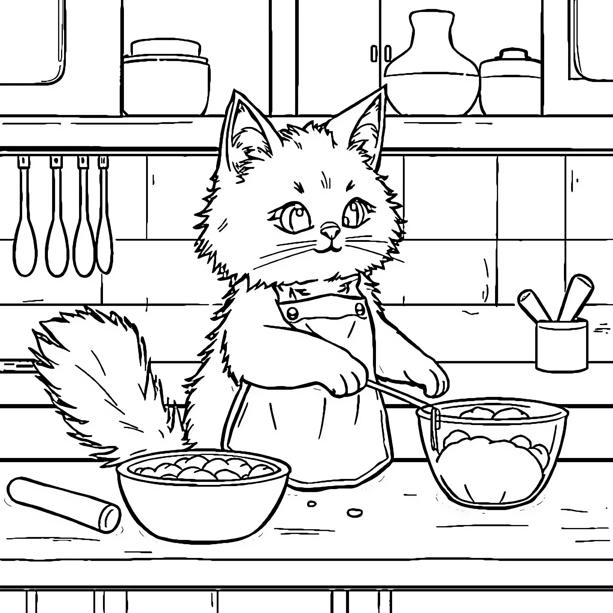 Cat Preparing a Meal in the Kitchen Coloring Page (free black-and-white line drawing printable PDF for all, from beginners to advanced learners, including children, teens, adults, and seniors)