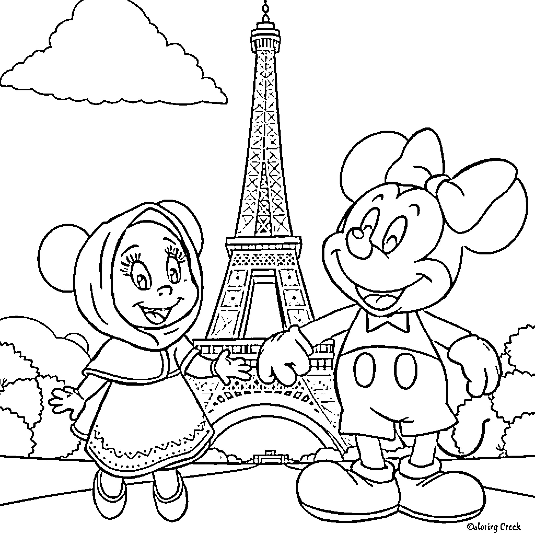 Masha and Mickey's Parisian Adventure Coloring Page (free black-and-white line drawing printable PDF for all, from beginners to advanced learners, including children, teens, adults, and seniors)