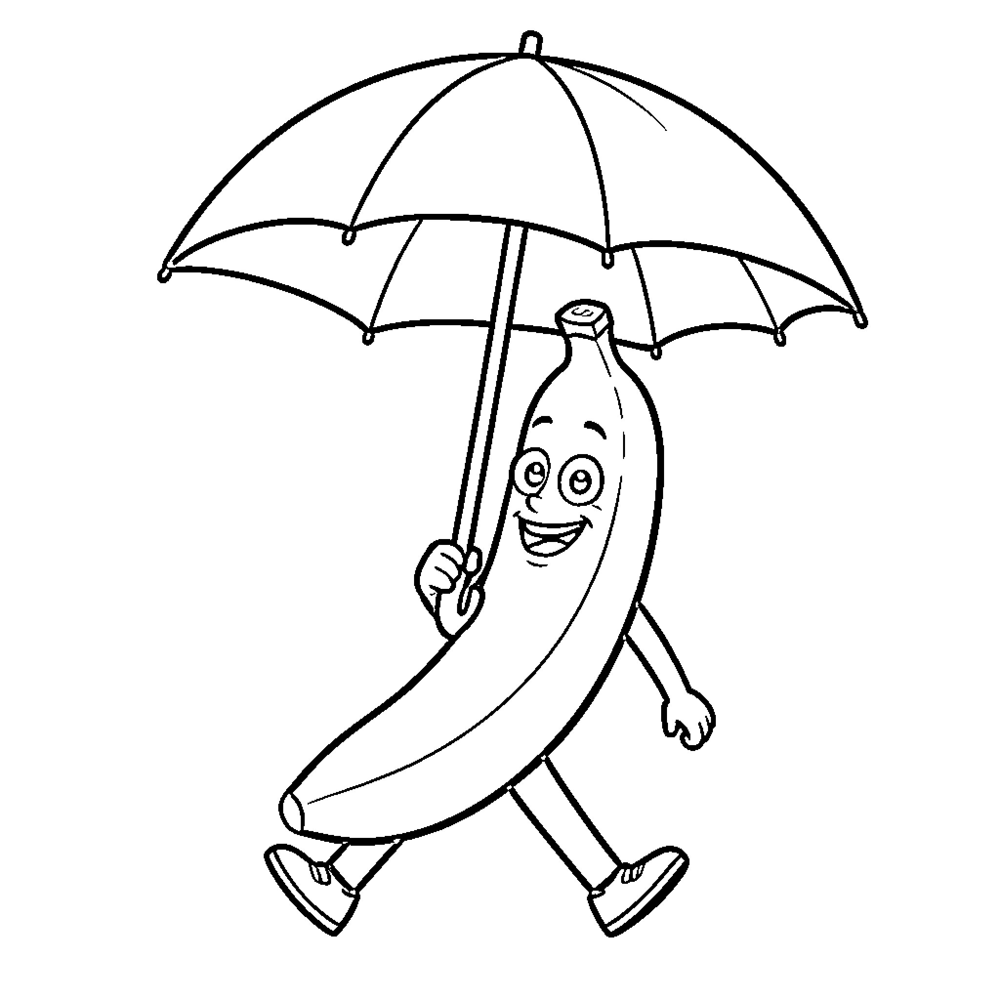 Banana walking cheerfully with umbrella Coloring Page (free black-and-white line drawing printable PDF for all, from beginners to advanced learners, including children, teens, adults, and seniors)