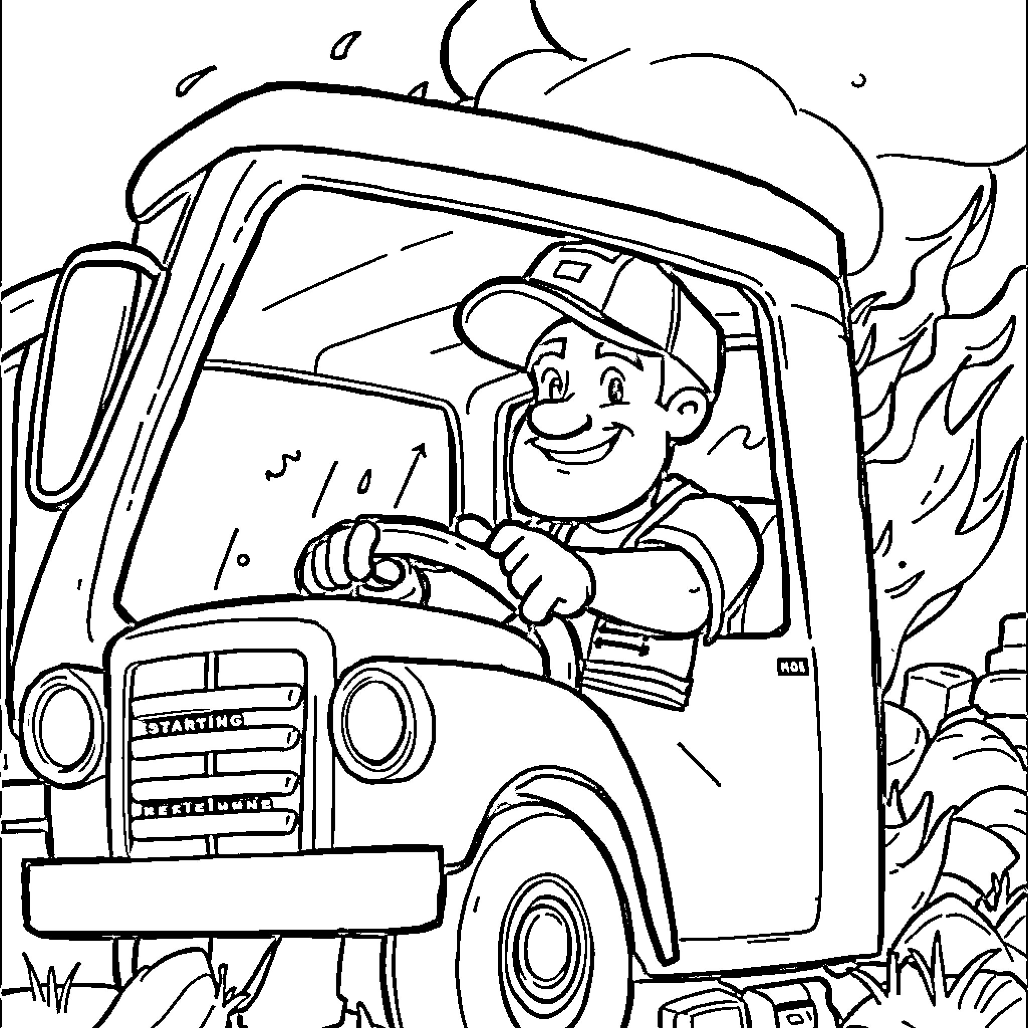 Handyman driving a work truck through a field Coloring Page (free black-and-white line drawing printable PDF for all, from beginners to advanced learners, including children, teens, adults, and seniors)