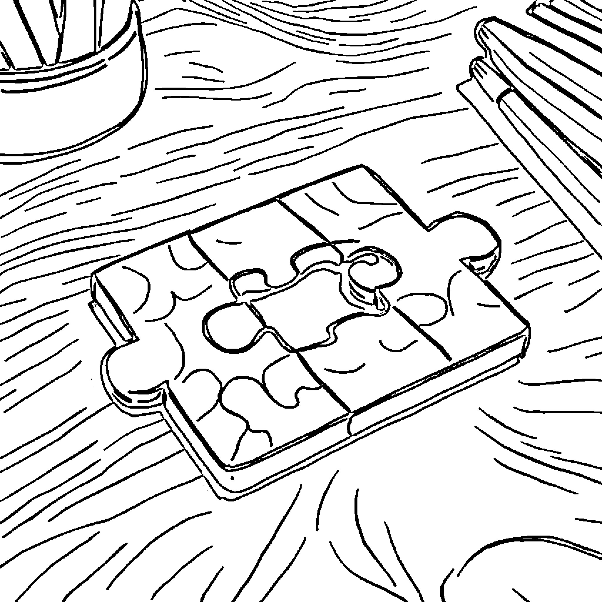 Puzzle pieces on a wooden surface Coloring Page (free black-and-white line drawing printable PDF for all, from beginners to advanced learners, including children, teens, adults, and seniors)