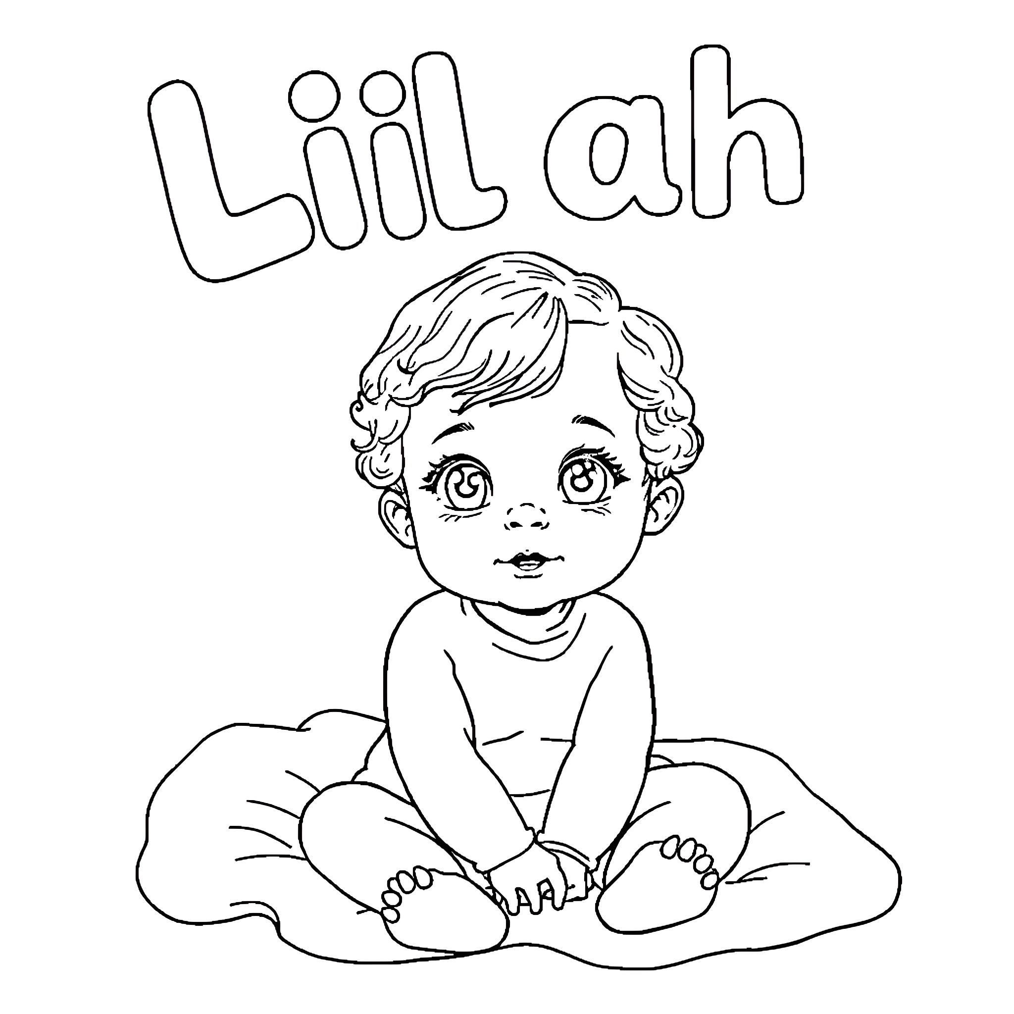Girl sitting on the floor with a sweet expression Coloring Page (free black-and-white line drawing printable PDF for all, from beginners to advanced learners, including children, teens, adults, and seniors)
