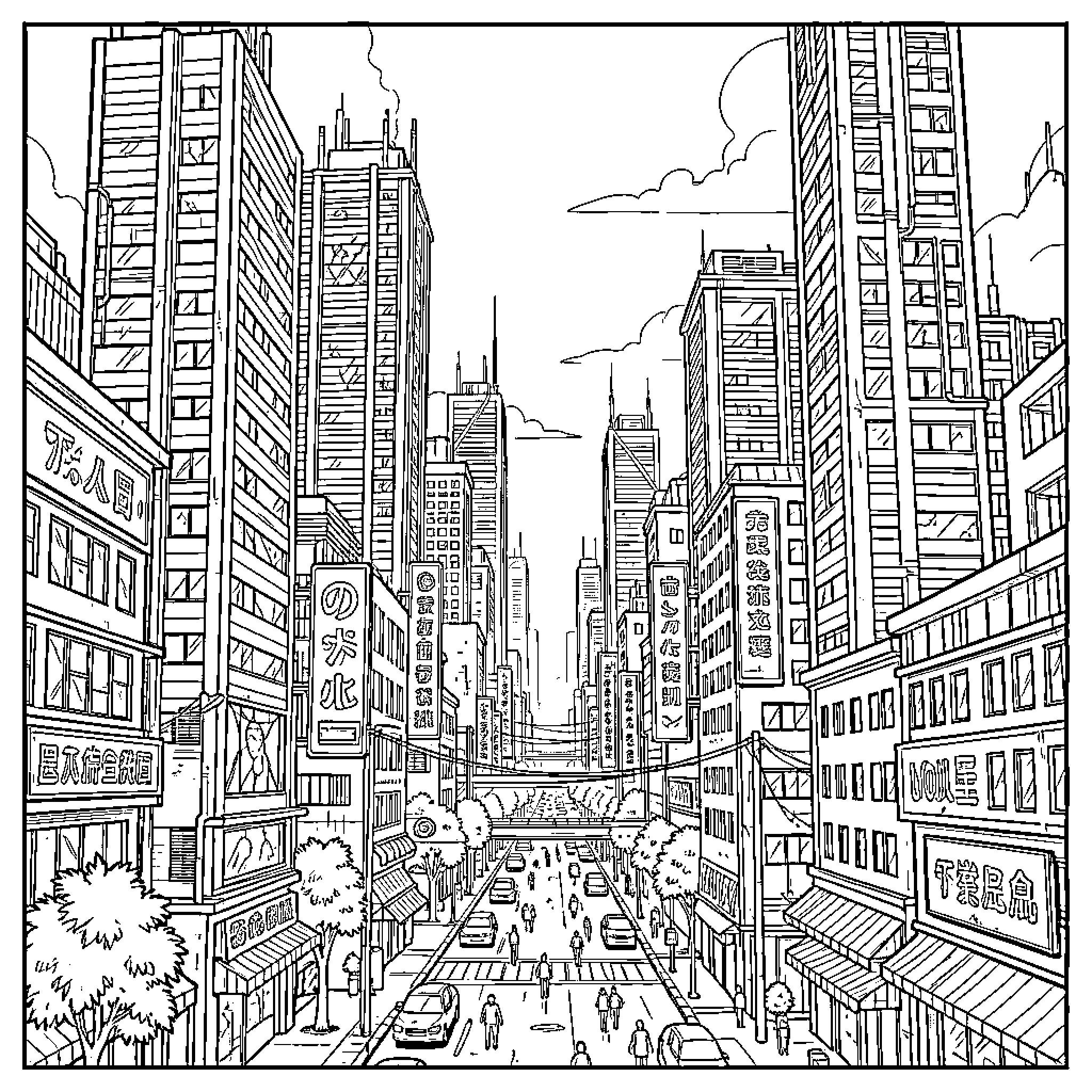 City life among skyscrapers and busy streets Coloring Page (free black-and-white line drawing printable PDF for all, from beginners to advanced learners, including children, teens, adults, and seniors)