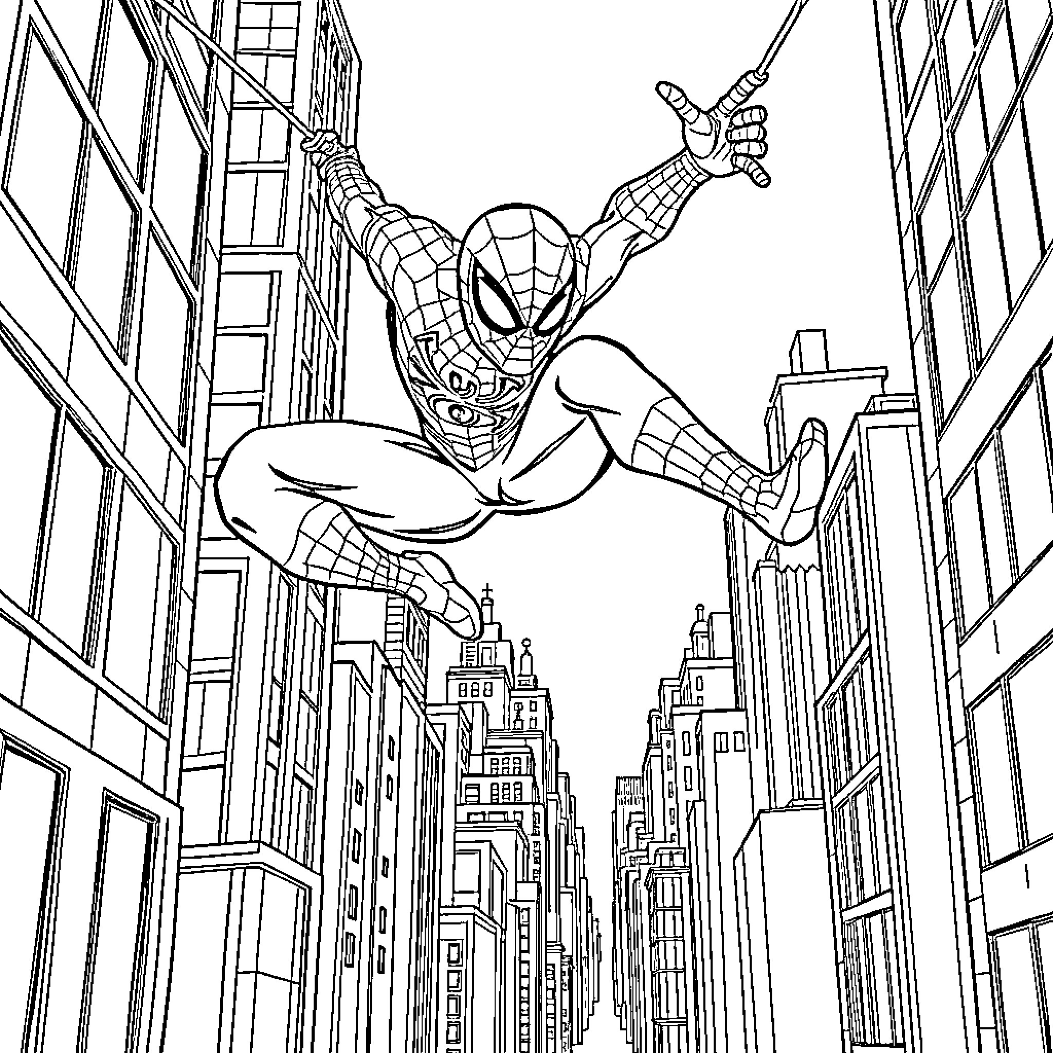 Spiderman soaring through the cityscape Coloring Page (free black-and-white line drawing printable PDF for all, from beginners to advanced learners, including children, teens, adults, and seniors)