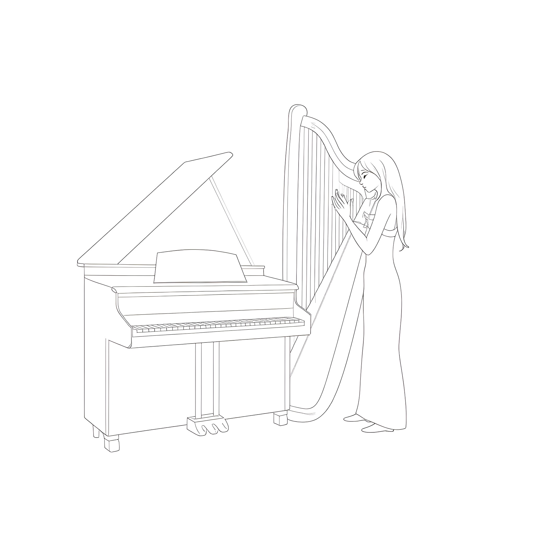 Piano player in elegant dress performing Coloring Page (free black-and-white line drawing printable PDF for all, from beginners to advanced learners, including children, teens, adults, and seniors)