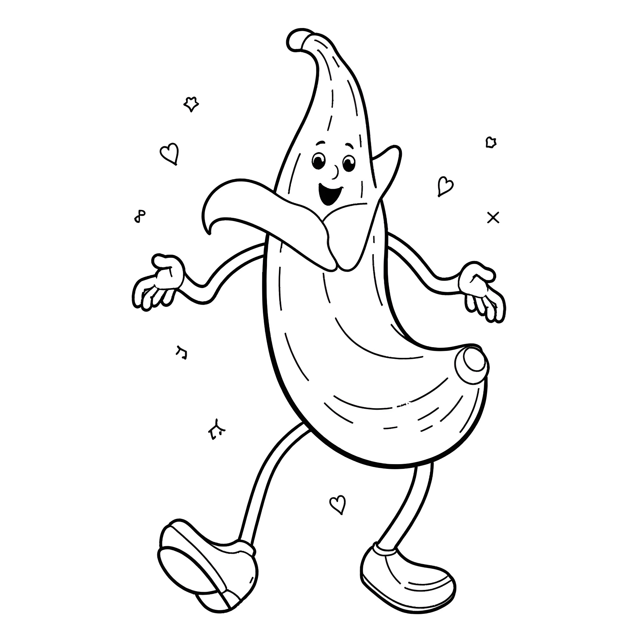 Banana dancing happily with hearts and stars Coloring Page (free black-and-white line drawing printable PDF for all, from beginners to advanced learners, including children, teens, adults, and seniors)