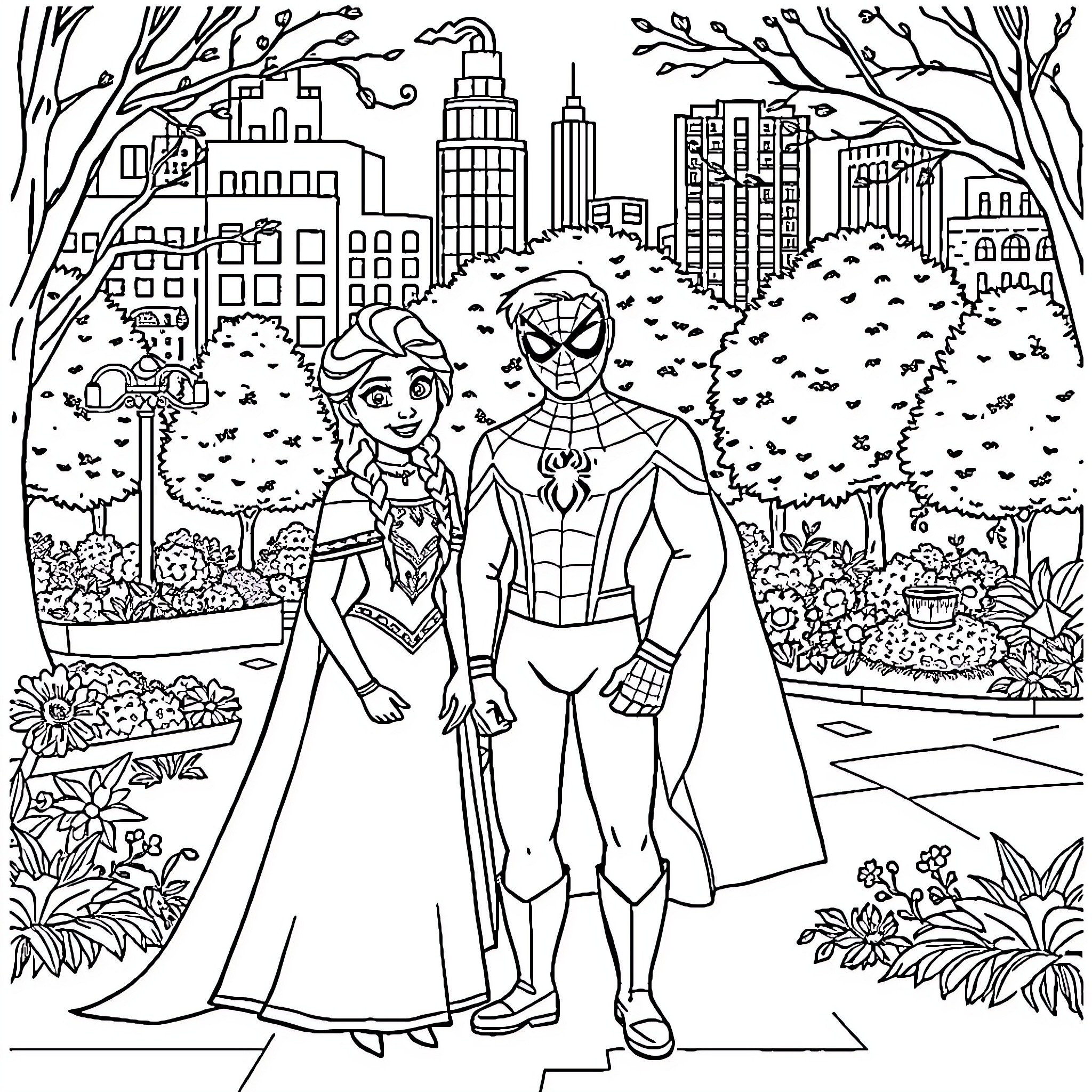 Elsa and Spider-Man Explore the City Together Coloring Page (free black-and-white line drawing printable PDF for all, from beginners to advanced learners, including children, teens, adults, and seniors)