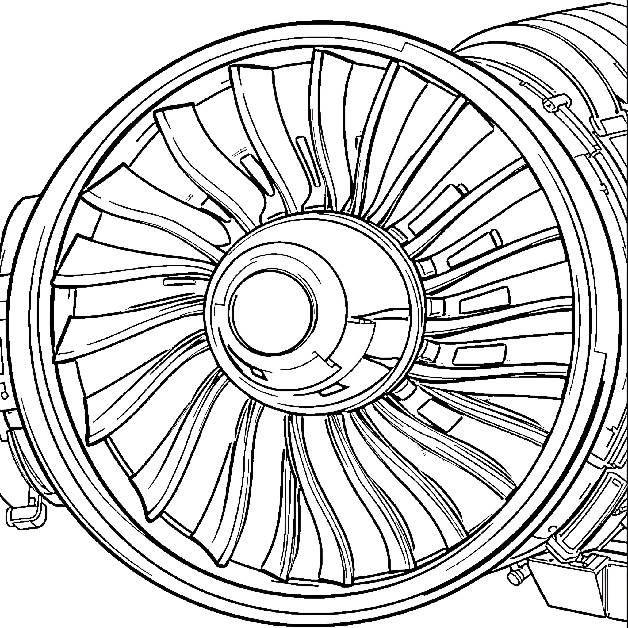 Turbofan Engine with Detailed Mechanical Components Coloring Page (free black-and-white line drawing printable PDF for all, from beginners to advanced learners, including children, teens, adults, and seniors)