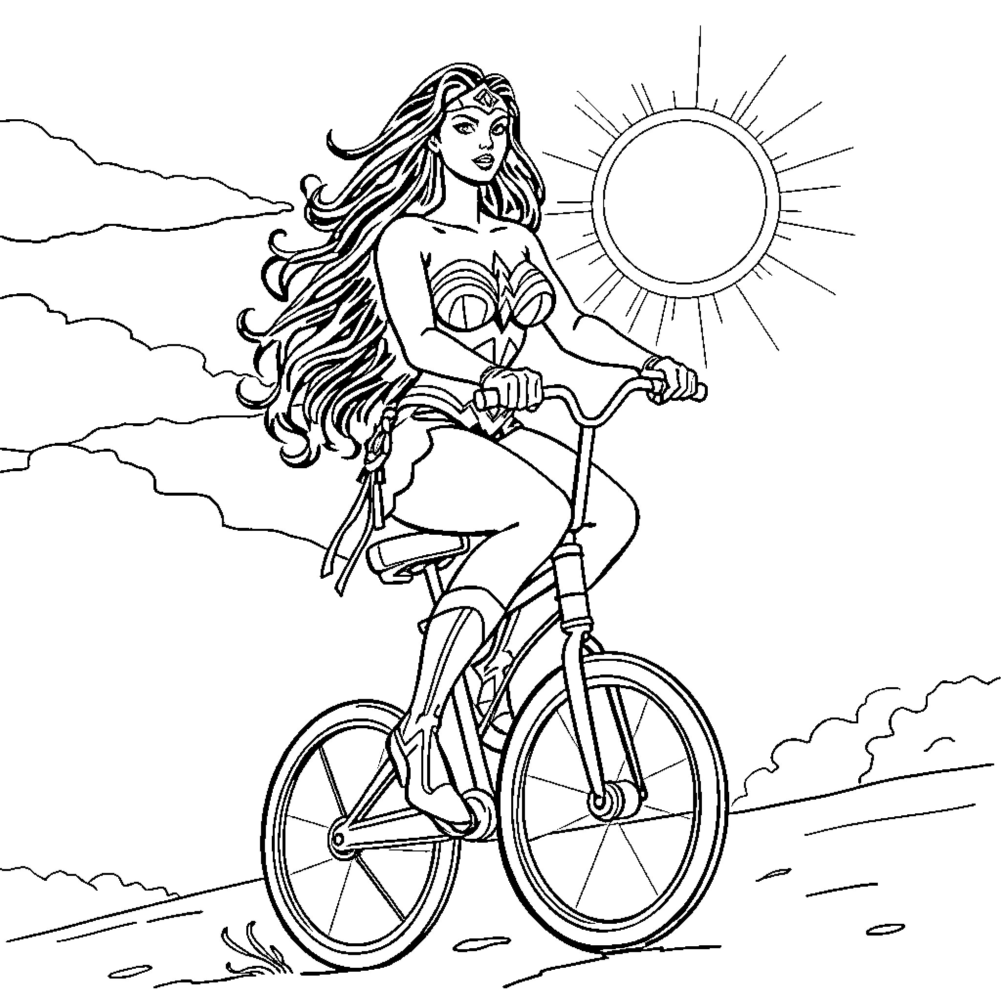 Wonder Woman cycling through the countryside Coloring Page (free black-and-white line drawing printable PDF for all, from beginners to advanced learners, including children, teens, adults, and seniors)