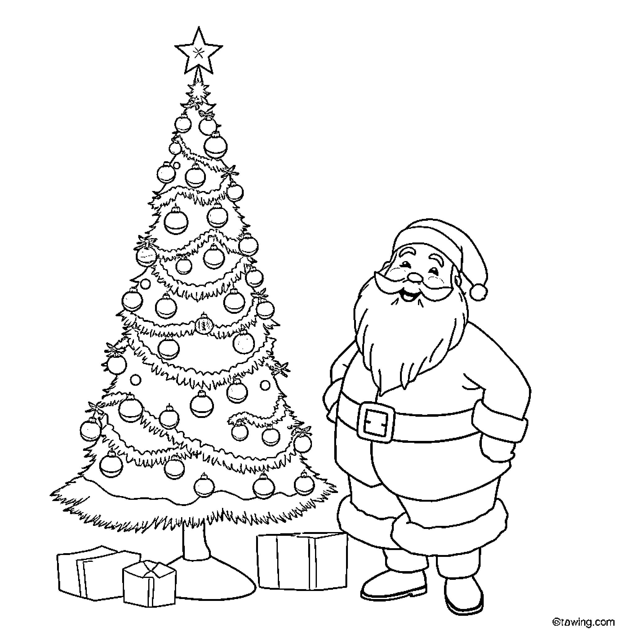 Christmas Tree Decorated with Santa Claus Coloring Page (free black-and-white line drawing printable PDF for all, from beginners to advanced learners, including children, teens, adults, and seniors)