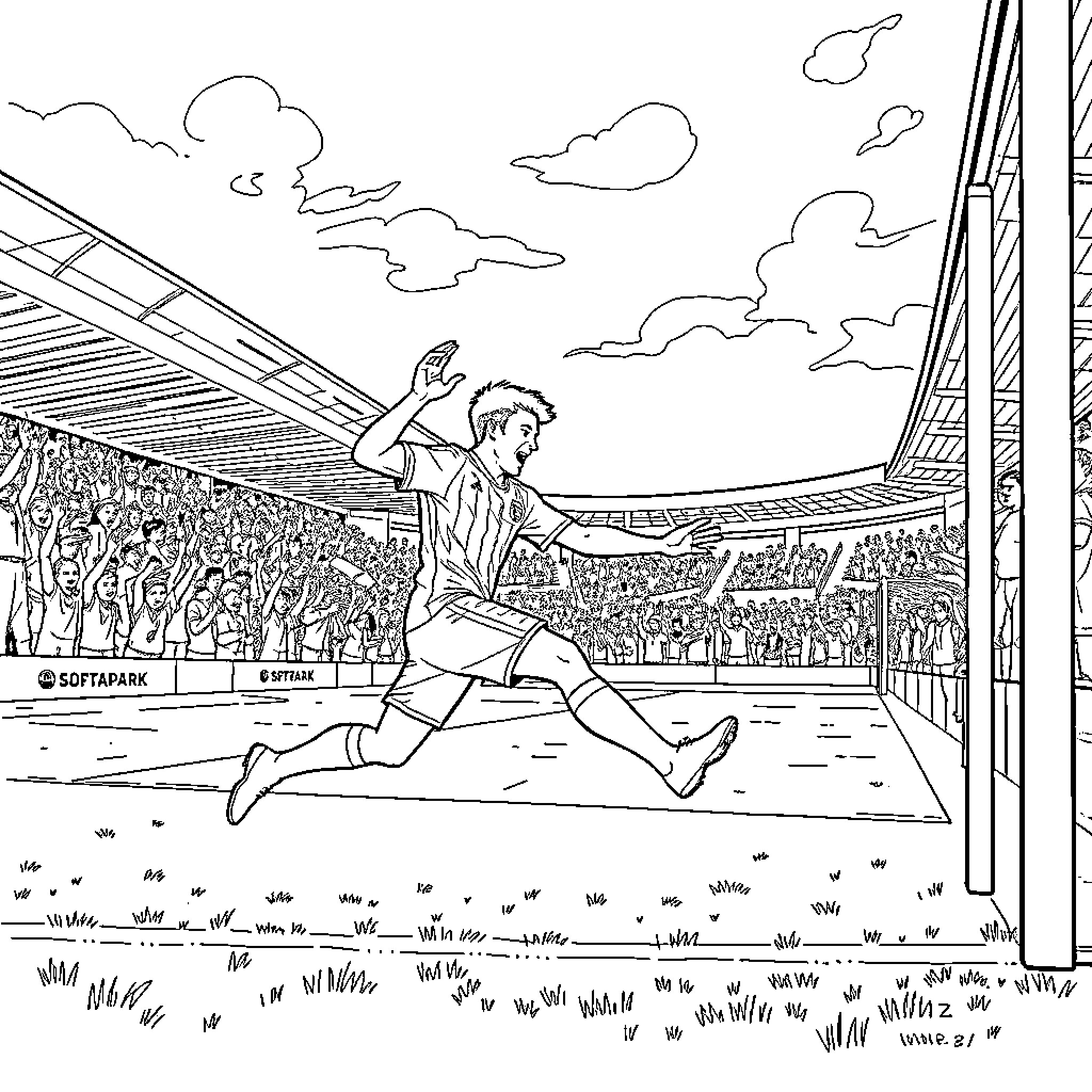 Nick Woltemade running on the field at a stadium Coloring Page (free black-and-white line drawing printable PDF for all, from beginners to advanced learners, including children, teens, adults, and seniors)