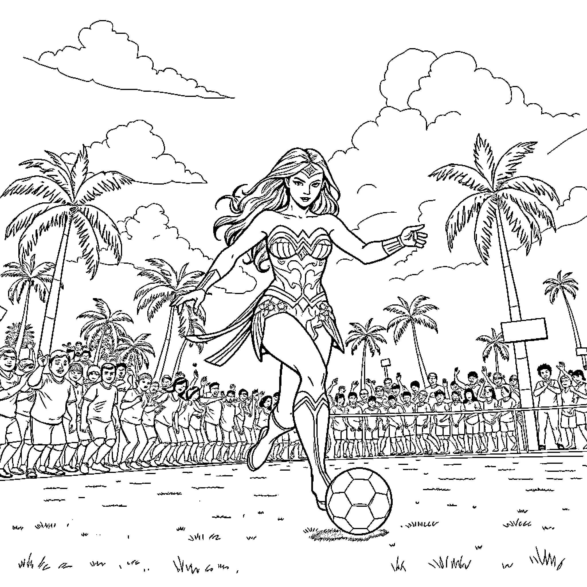 Wonder Woman kicking soccer ball with crowd in tropical setting Coloring Page (free black-and-white line drawing printable PDF for all, from beginners to advanced learners, including children, teens, adults, and seniors)