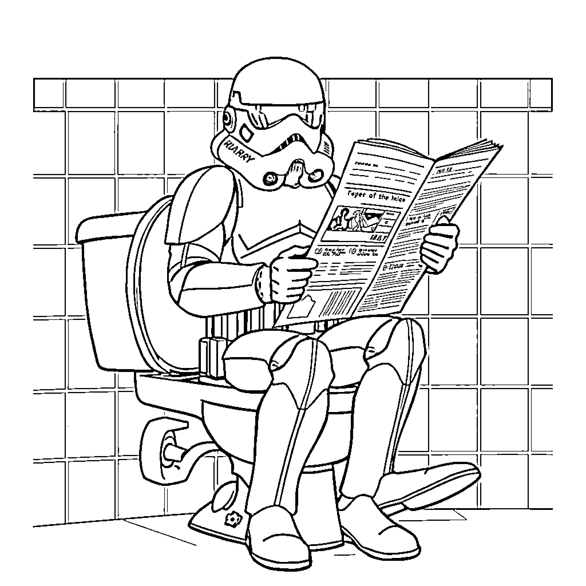 Stormtrooper reading newspaper in bathroom Coloring Page (free black-and-white line drawing printable PDF for all, from beginners to advanced learners, including children, teens, adults, and seniors)
