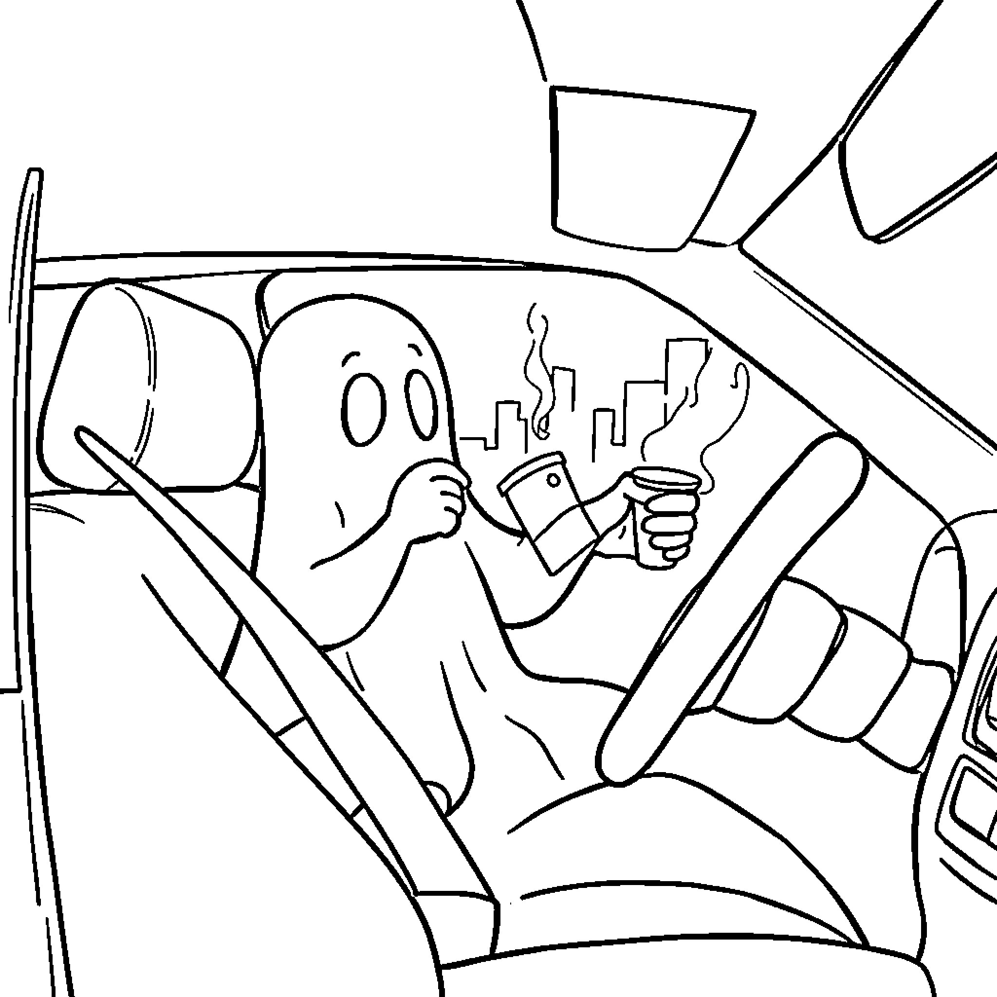 Ghost driving car in the city Coloring Page (free black-and-white line drawing printable PDF for all, from beginners to advanced learners, including children, teens, adults, and seniors)