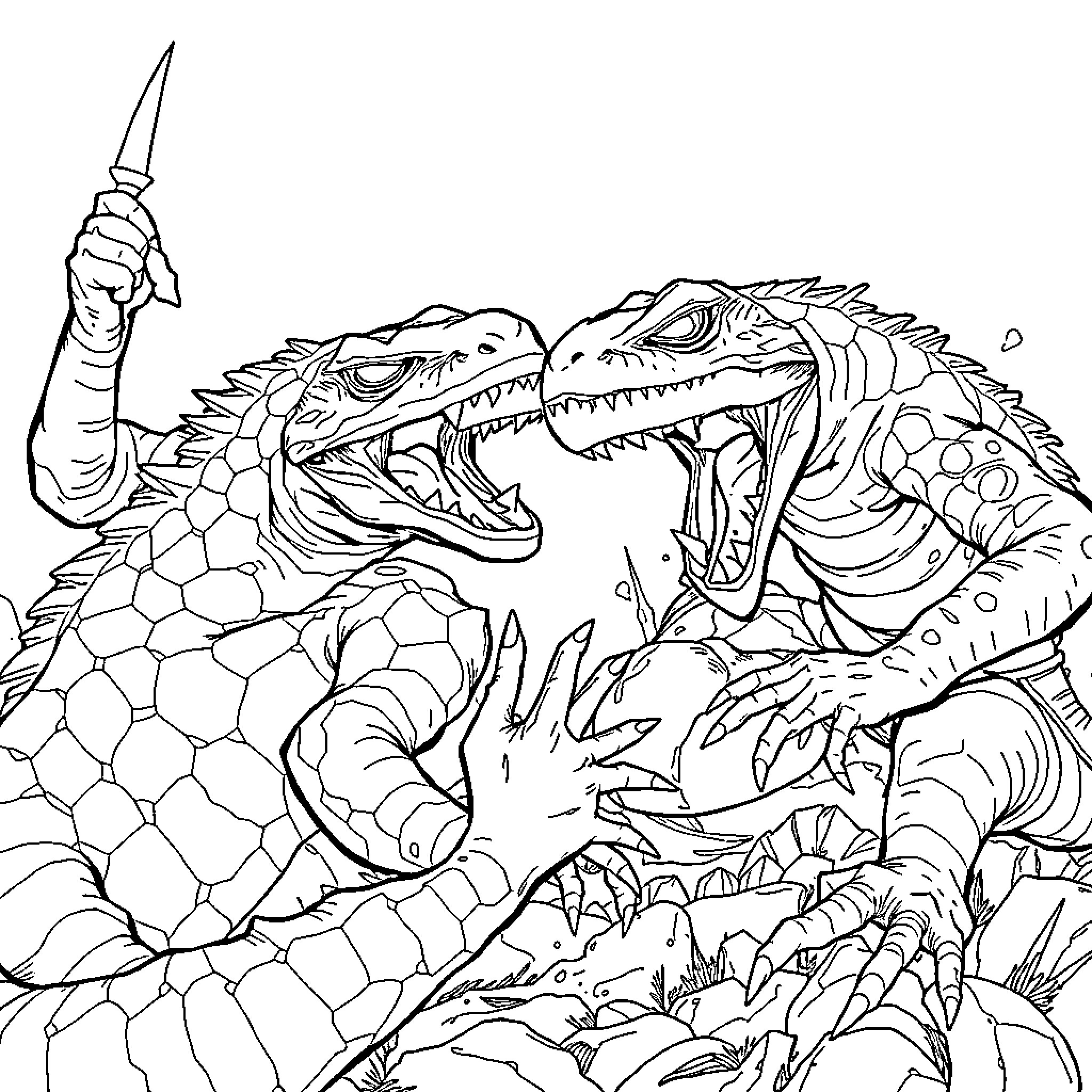 Lizardman battle with weapons in a dangerous environment Coloring Page (free black-and-white line drawing printable PDF for all, from beginners to advanced learners, including children, teens, adults, and seniors)