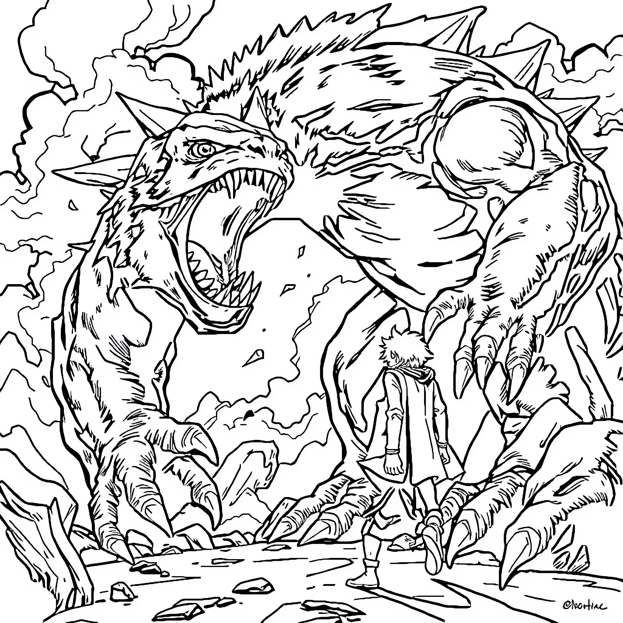 Monster Dragon Unleashing Fiery Wrath Coloring Page (free black-and-white line drawing printable PDF for all, from beginners to advanced learners, including children, teens, adults, and seniors)