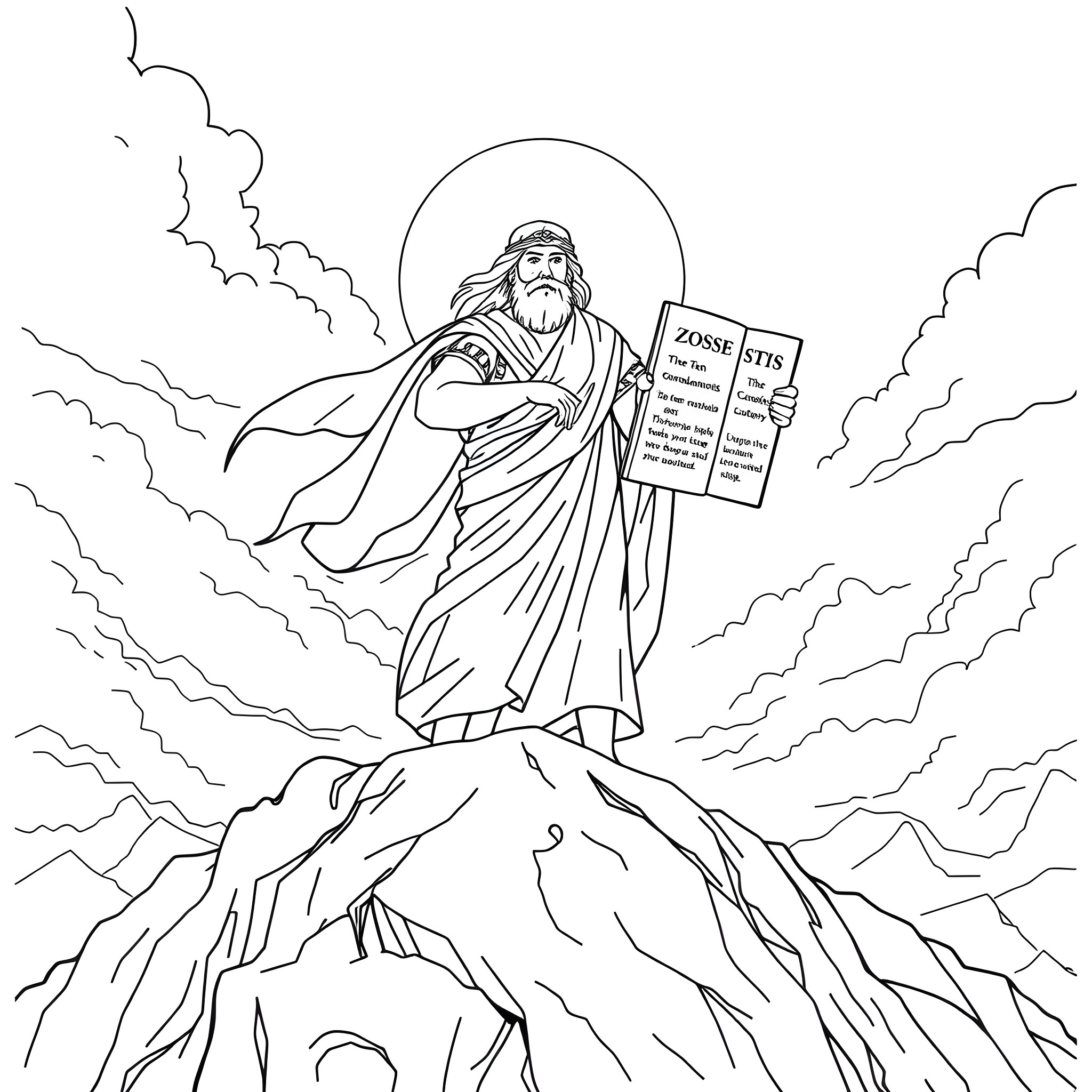 Moses Presenting the Ten Commandments on Mount Sinai Coloring Page (free black-and-white line drawing printable PDF for all, from beginners to advanced learners, including children, teens, adults, and seniors)
