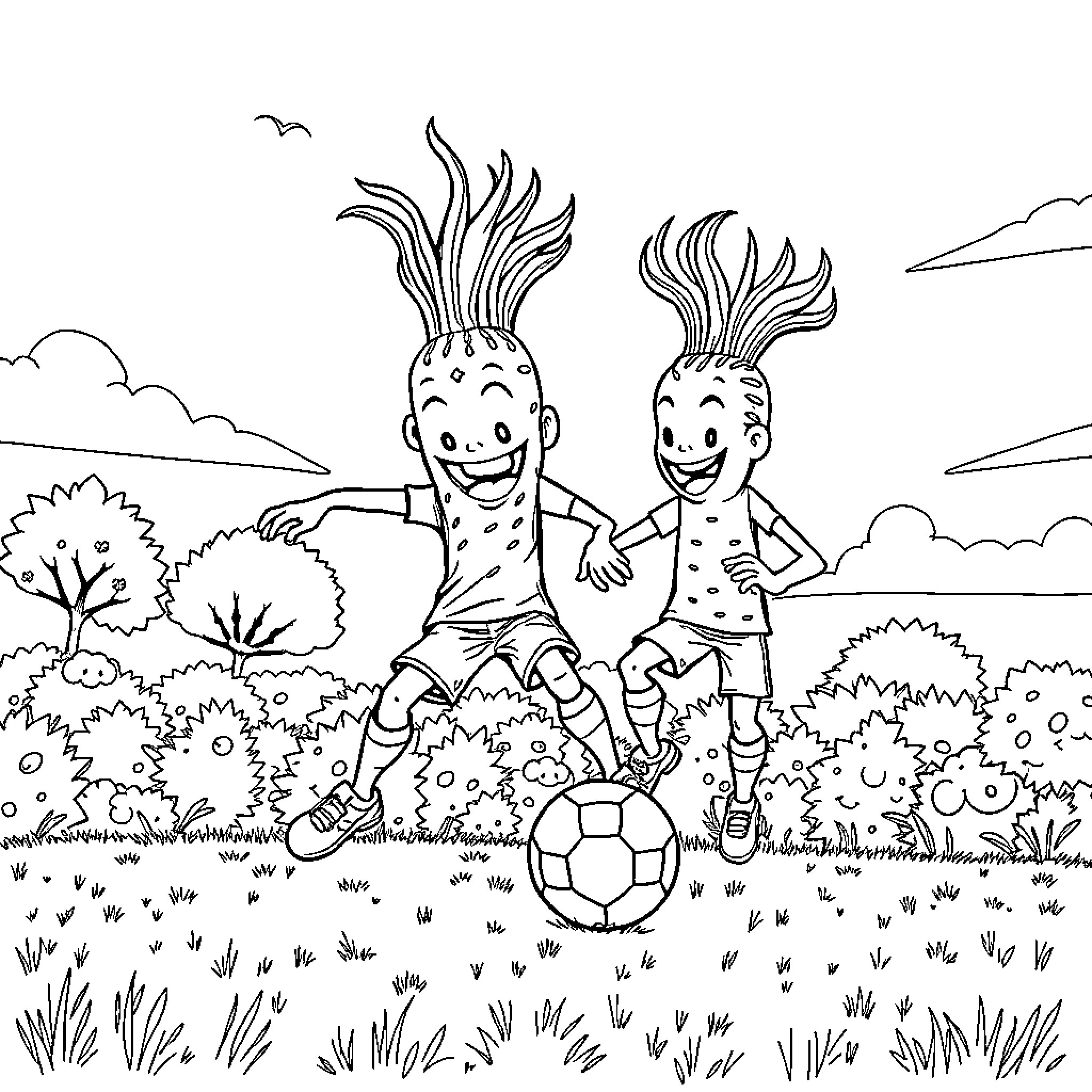 Brainrots playing joyfully with soccer ball in nature Coloring Page (free black-and-white line drawing printable PDF for all, from beginners to advanced learners, including children, teens, adults, and seniors)