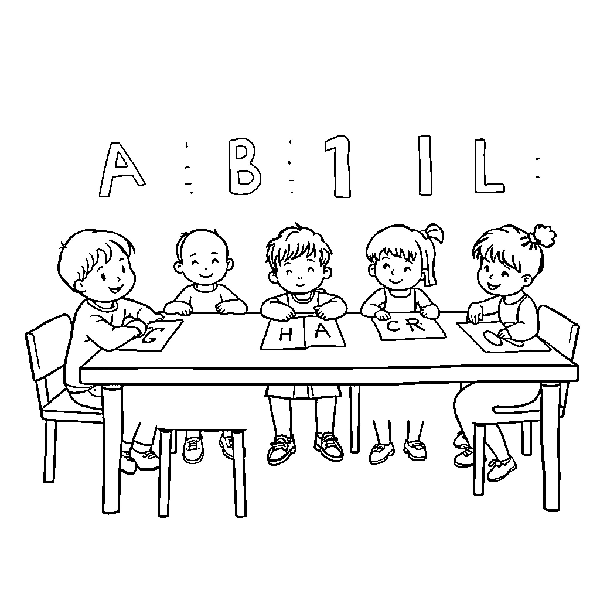 Alphabet Lesson with Children at Desk Coloring Page (free black-and-white line drawing printable PDF for all, from beginners to advanced learners, including children, teens, adults, and seniors)